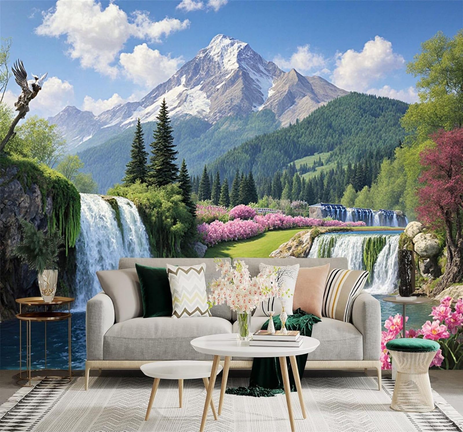 Xlming 250Cm×170Cm(B×H) Beautiful Mountain Scenery Waterfall Pine Trees Blooming Flowers 3D Wallpaper Silky Texture Home Study Office Grey Dining Room Sofa Bedroom Living Room Tv Backdrop-250Cm×170Cm