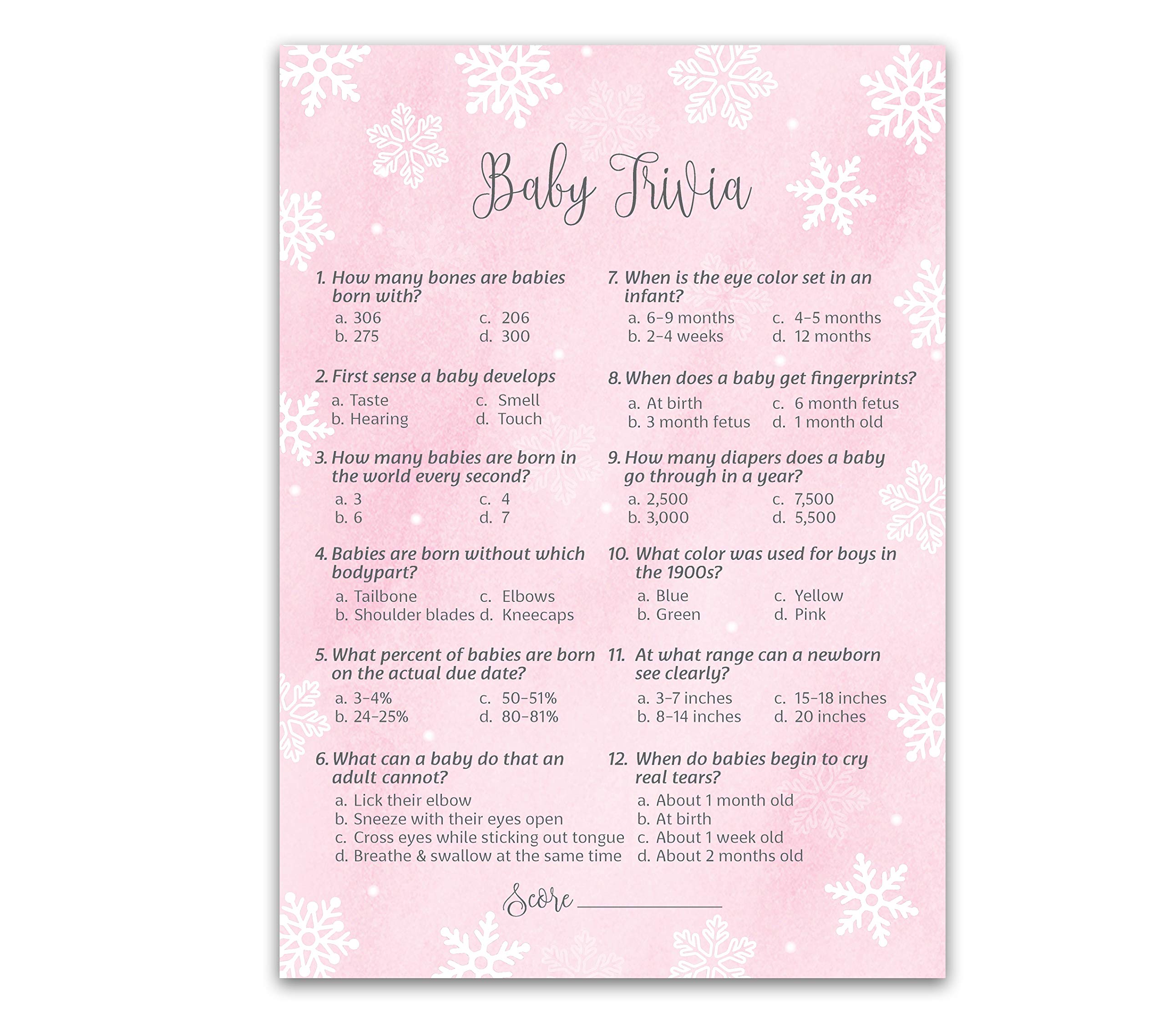 SNOWFLAKES Baby Shower Games, BABY TRIVIA Game — Pack of 25 — WINTER Wonderland GIRL Baby Shower Activity, Fun Baby Facts, It’s cold outside Holiday Couples Shower Gender Reveal Party PINK G780-TRV