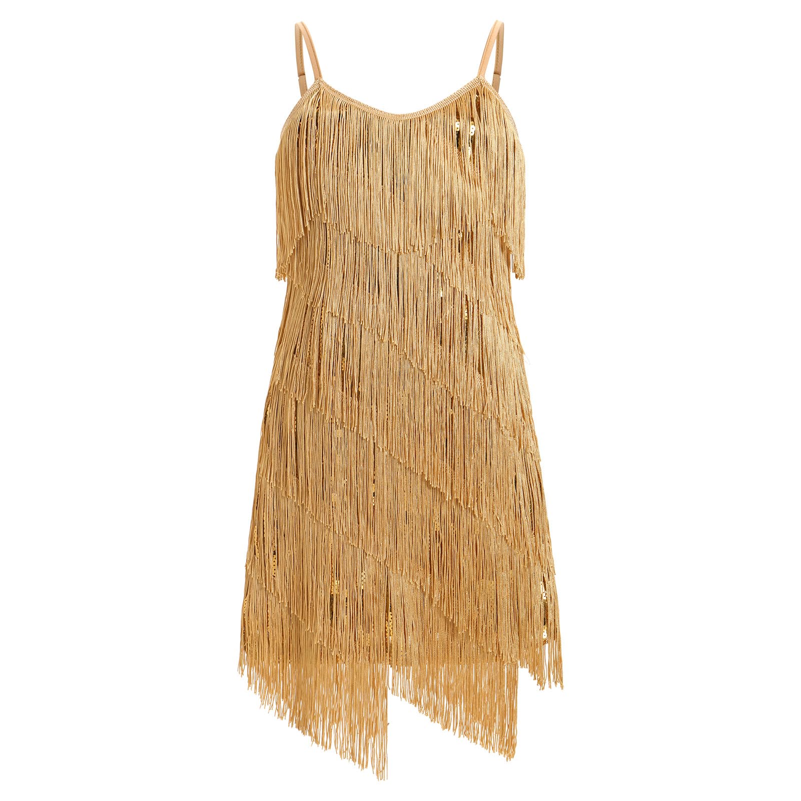 OMEWEE Vestito da bambina con paillettes nappa, abito latino, senza maniche, con spalline sottili, frange, con brillantini, ballroom, feste, balletto, rumba samba cha cha, jazz