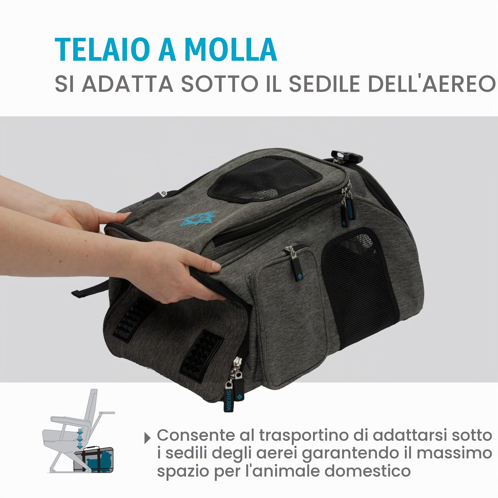 Sherpa, Zaino da viaggio per animali domestici, approvato dalla compagnia aerea, lavabile in lavatrice, finestre in rete, serrature di sicurezza, telaio a molla, grigio