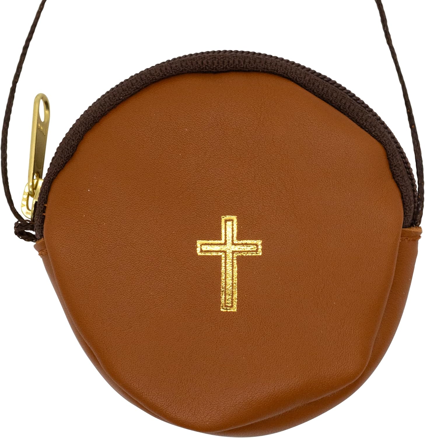 Small Leather Burse for Pyx | Great for Eucharistic Ministry | Simple Gold-Tone Cross Design | Zipper Closure | Made in Italy