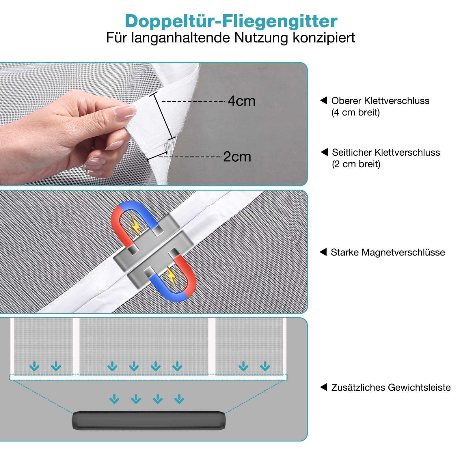 Fliegengitter Tür 180x220 cm Weiß, Magnetisches Fliegengitter Balkontür Doppeltür – Ohne Bohren Klebemontage, Lichtdurchlässig, Nicht Kürzbar, Für Balkon Terrasse Außenbereich