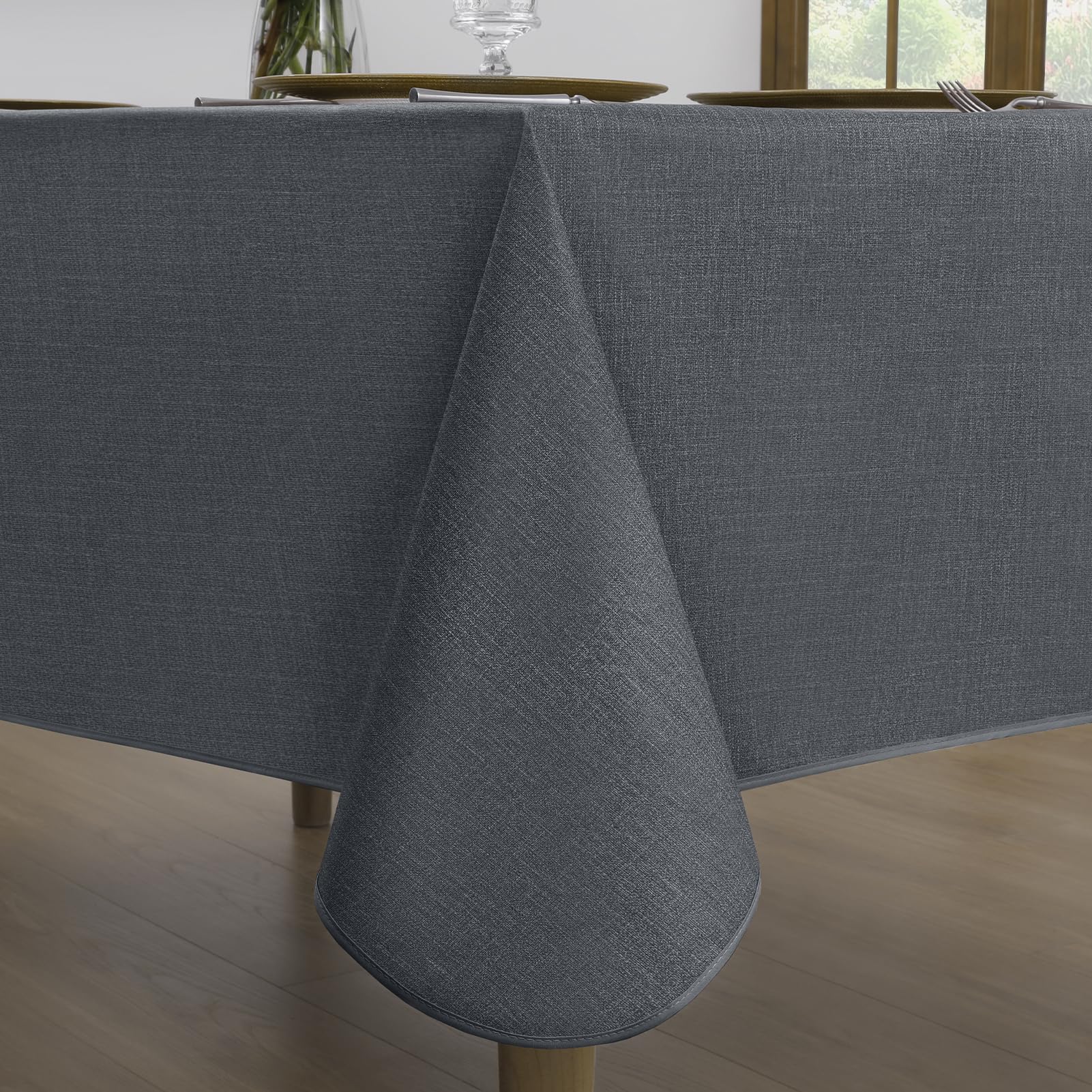 Romanstile Square Wipe clean Table Cloth Waterproof Outdoor Charcoal Grey Vinyl 140x140 cm rectangle,Oil Tablecloth Faux-Linen Texture for Garden,Patio,Balcony,Picnic,Kitchen,Tea Table,Camping,Picnic