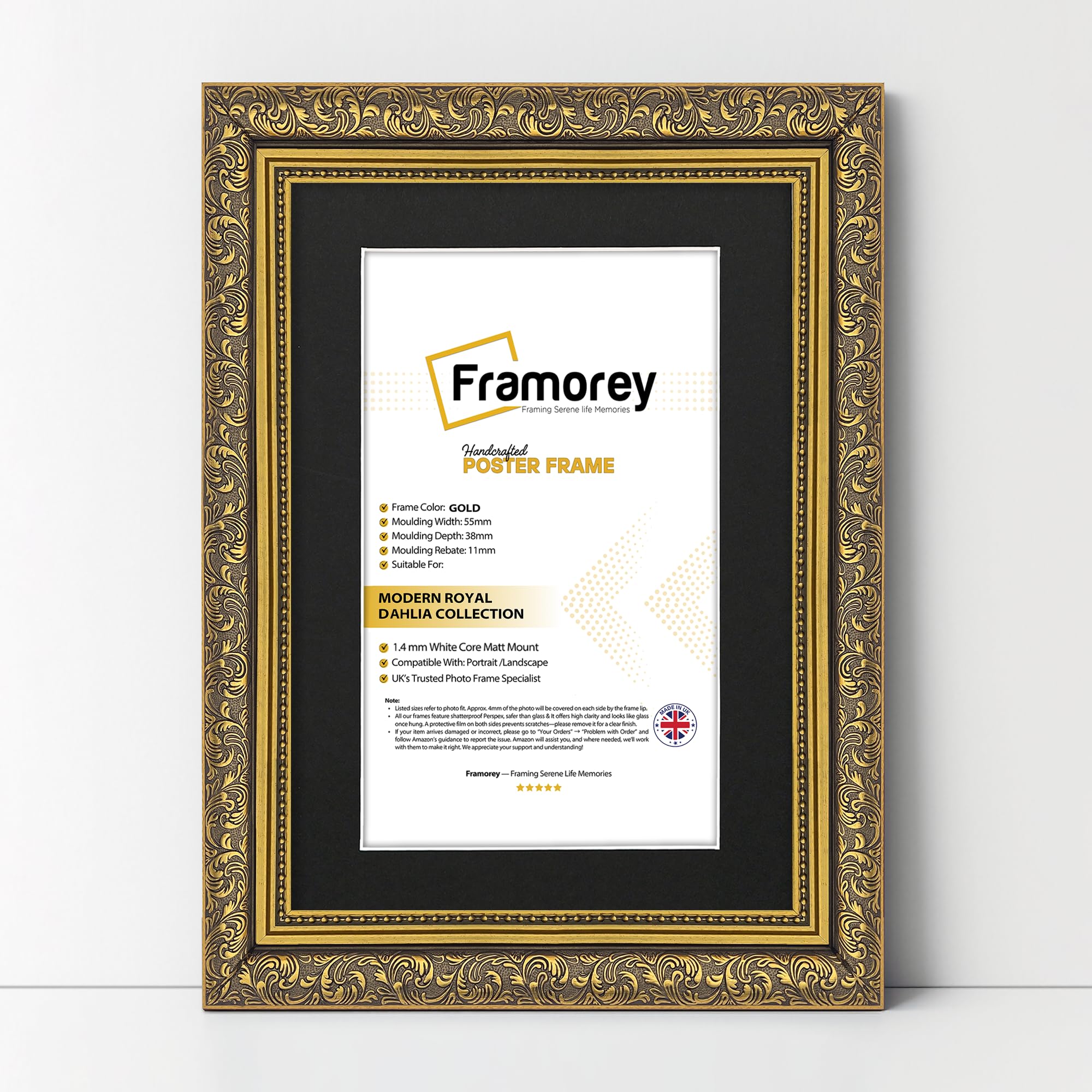 FRAMOREY Dahlia Ornate Effect Picture Frames, A4 Size Gold Photo Frame With A5 Size Black Mount, Traditional Wall Art Poster Frames, Photo Print Frame