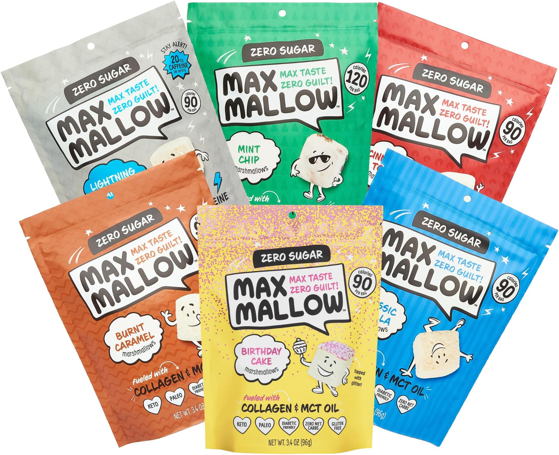 Max Mallow Sugar Free Marshmallows - Keto Friendly, Perfect for S'mores, Hot Chocolate, and Baking with Zero Sugar Snacks, Smores Mct Oil Zero Sugar Marshmellow Marshmallow Lightning Vanilla, Mint Chip, Cinnamon Toast, Burnt Caramel, Birthday Cake, & Classic Vanilla, 6 Pack