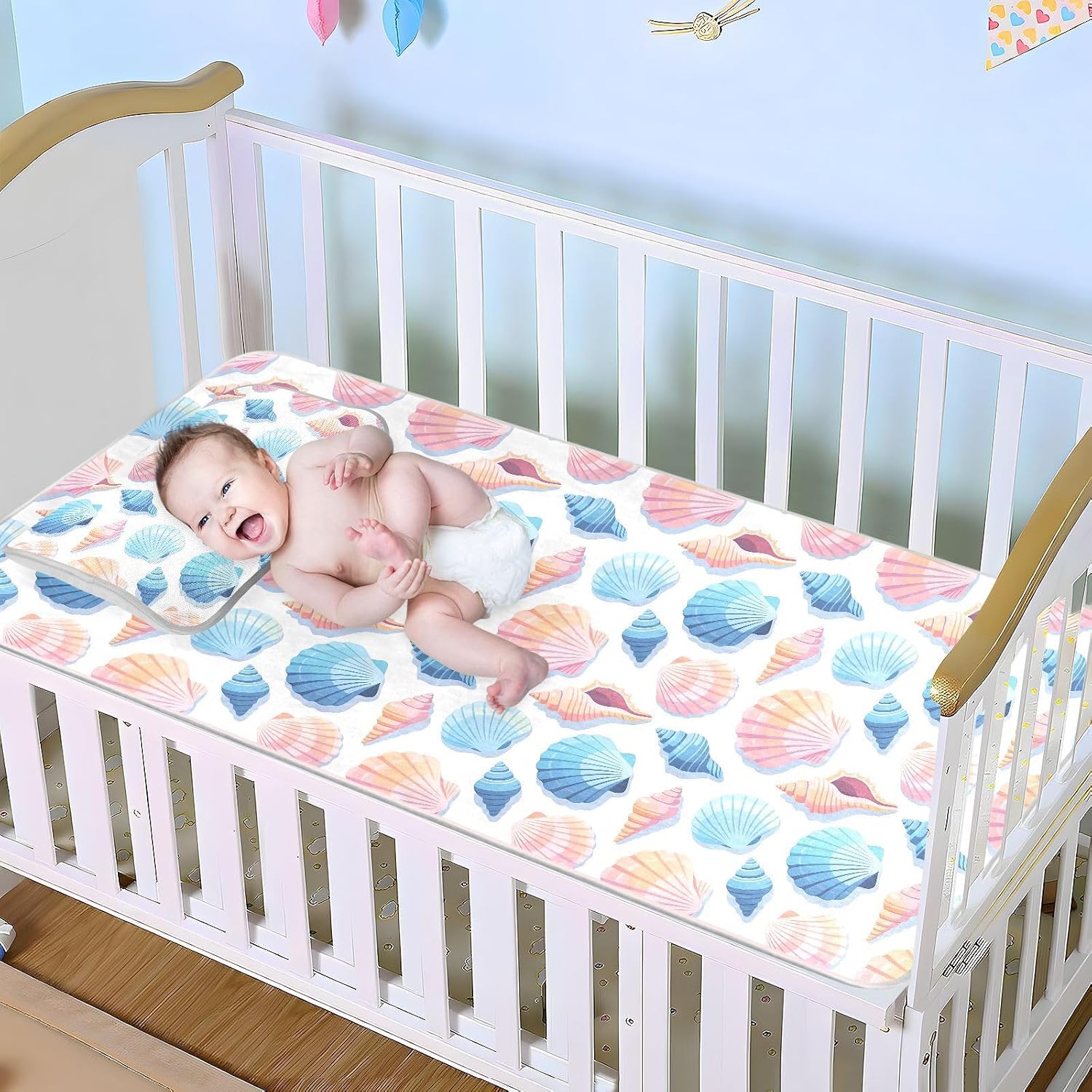 Baby Cooling Mat Seashells Ice Silk Breathable Mesh Summer Crib Mattress Pad with Pillowcase, Soft Cooling Sleeping Surface for Infant & Toddler, 52"x28"