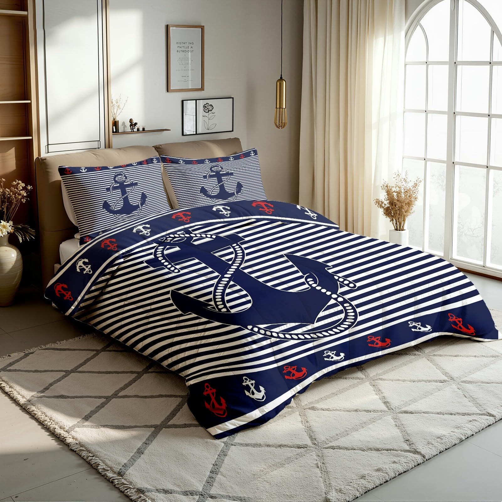 Nautischer Anker Bettdecke Ohne Bezug - Blau Weiß Streifen Bettdecke 220x240 mit 2 Kissenbezug 80x80 cm - Waschbare Bettdecken Weich für 4 Jahreszeiten Duvet mit Reißverschluss