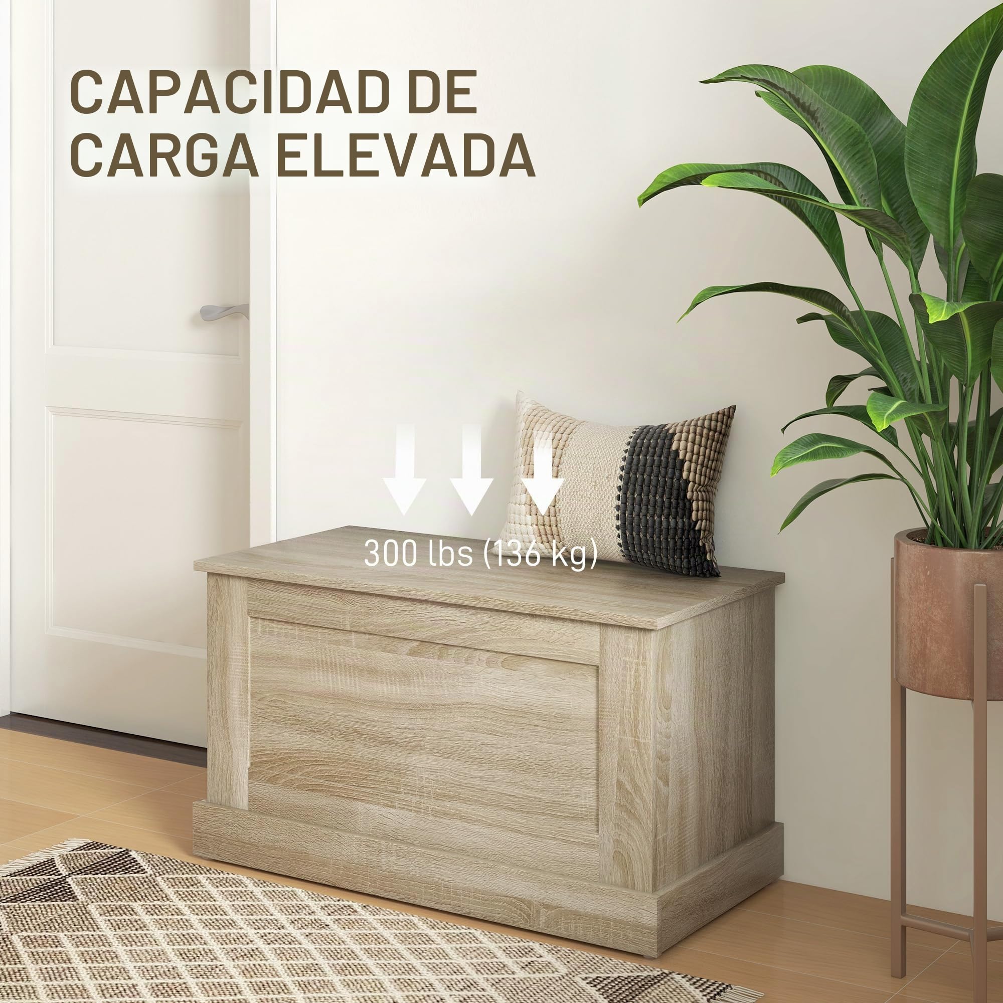 HOMCOM Baúl de almacenamiento, baúl de juguetes de madera, con bisagra de seguridad, para salón, pasillo, 80 x 40 x 45 cm, madera natural
