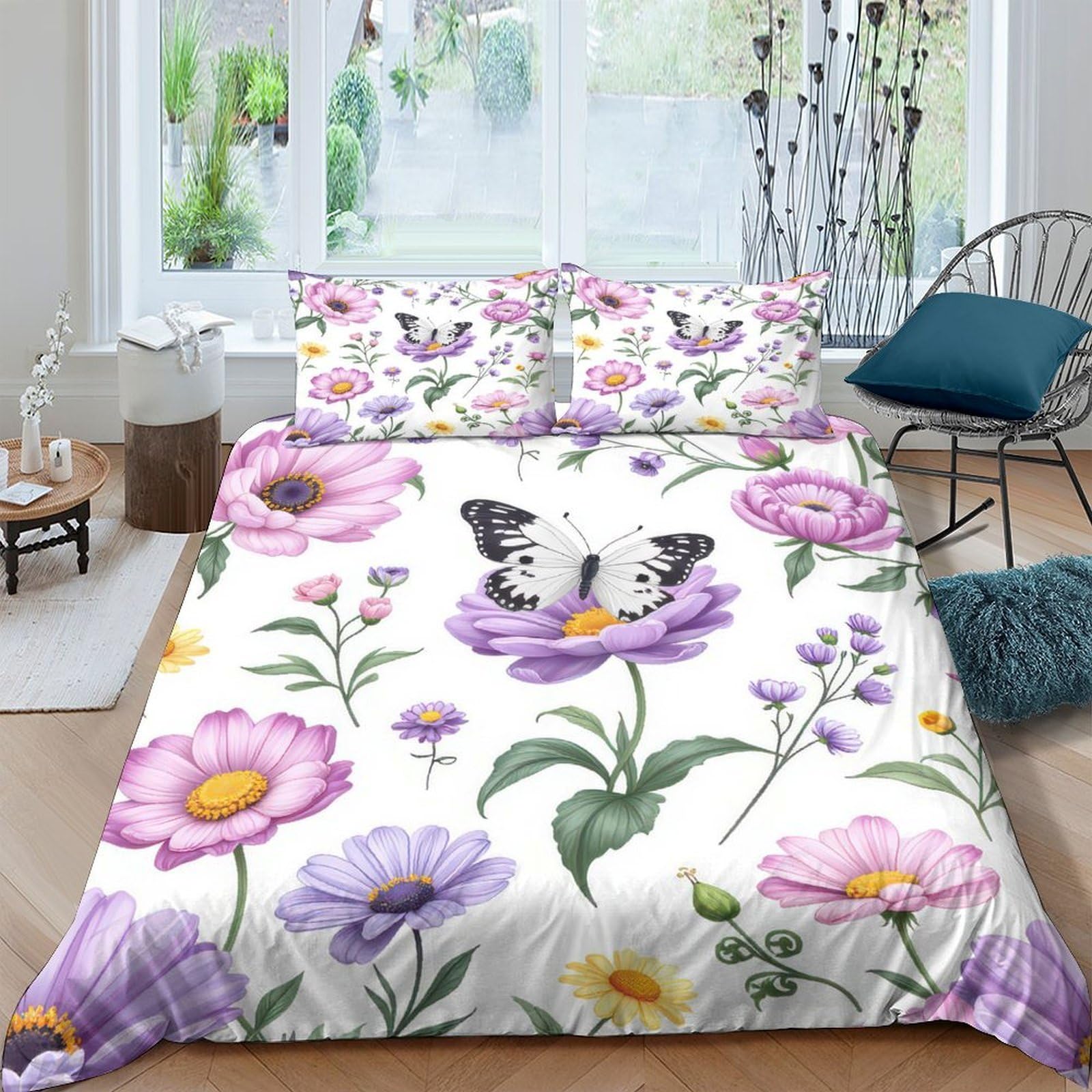 Linge de Lit Motif Floral Microfibre Légère Lavable Lit Simple 140x200