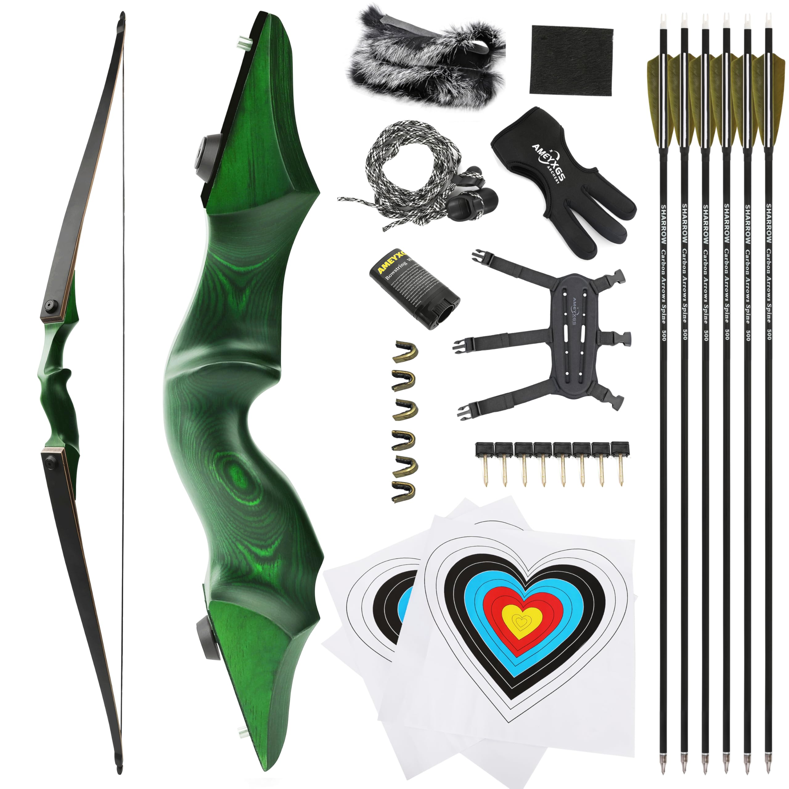 60" Black Hunter Recurve Bow Hunting Takedown Wood Longbow Archery 20-60lbs Left/Right Handed for Archery Hunting Shooting Practice (Right Hand,Green,45 LBS)