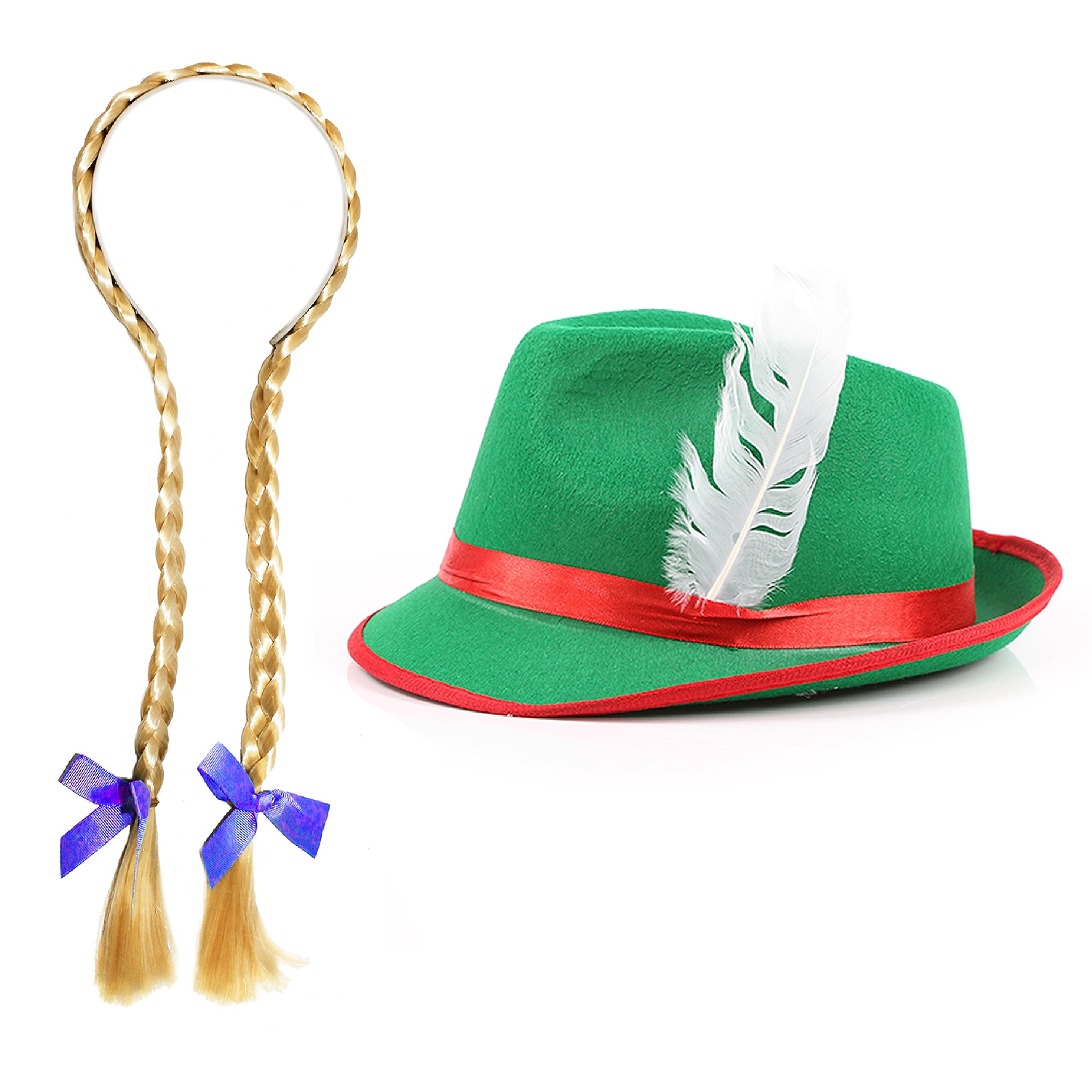Ladies Bavarian Accessory Set - Pack of 24 - Green Bavarian Hat and Blonde Plait Wig with Blue Ribbons - Adults Bavarian Oktoberfest Fancy Dress Costume Accessory Set