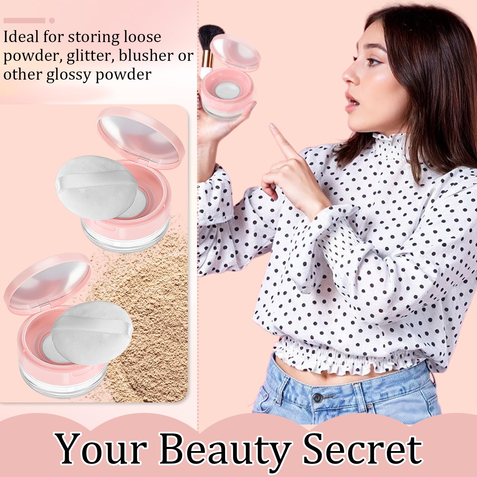 Qianyu Luźny pojemnik na puder z pudru wielokrotnego użytku, pusty futerał na puder, przenośna kompaktowa obudowa, pojemność 20 ml, narzędzie do makijażu do wielokrotnego napełniania, z lustrem i
