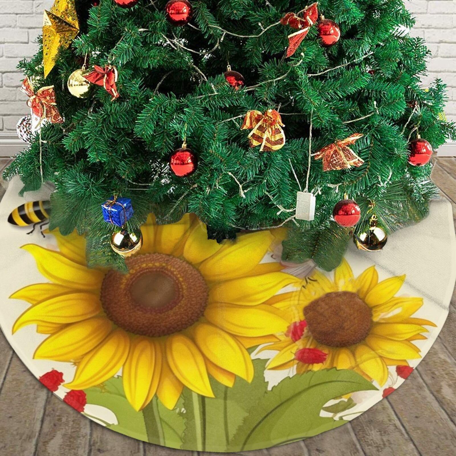 Bees Sunflowers Daisy Rose Flowers Christmas Tree Skirt 48" Plush Soft Artificial Tree Mat Cover Merry Christmas Xmas Tree Skirt for Christmas Decoration Holiday Indoor Outdoor Winter Party Decor