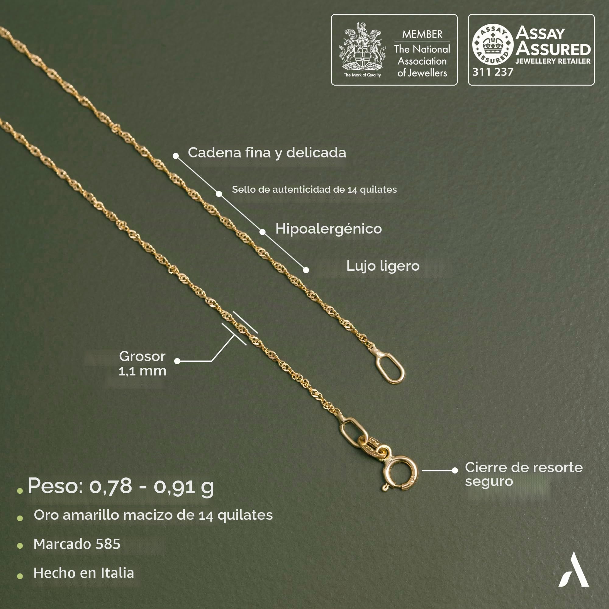 Amberta Cadena en Oro de 14 18 Quilates para Mujer y Hombre | Collar Fino Elegante Sólido Veneciano Barbado Singapur Delicado Gargantilla 40 45 50 cm