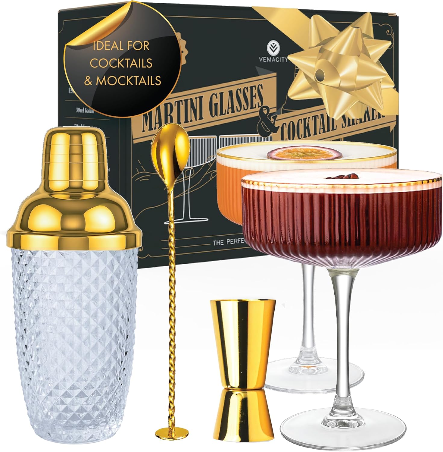 VEMACITY - Luxury Espresso Martini Gifts | Gold Cocktail Shaker Set + 2 Espresso Martini Glasses - Cocktail Kit with Built-in Strainer & Ribbed Martini Glasses (10oz) | Drink Shakers Cocktail