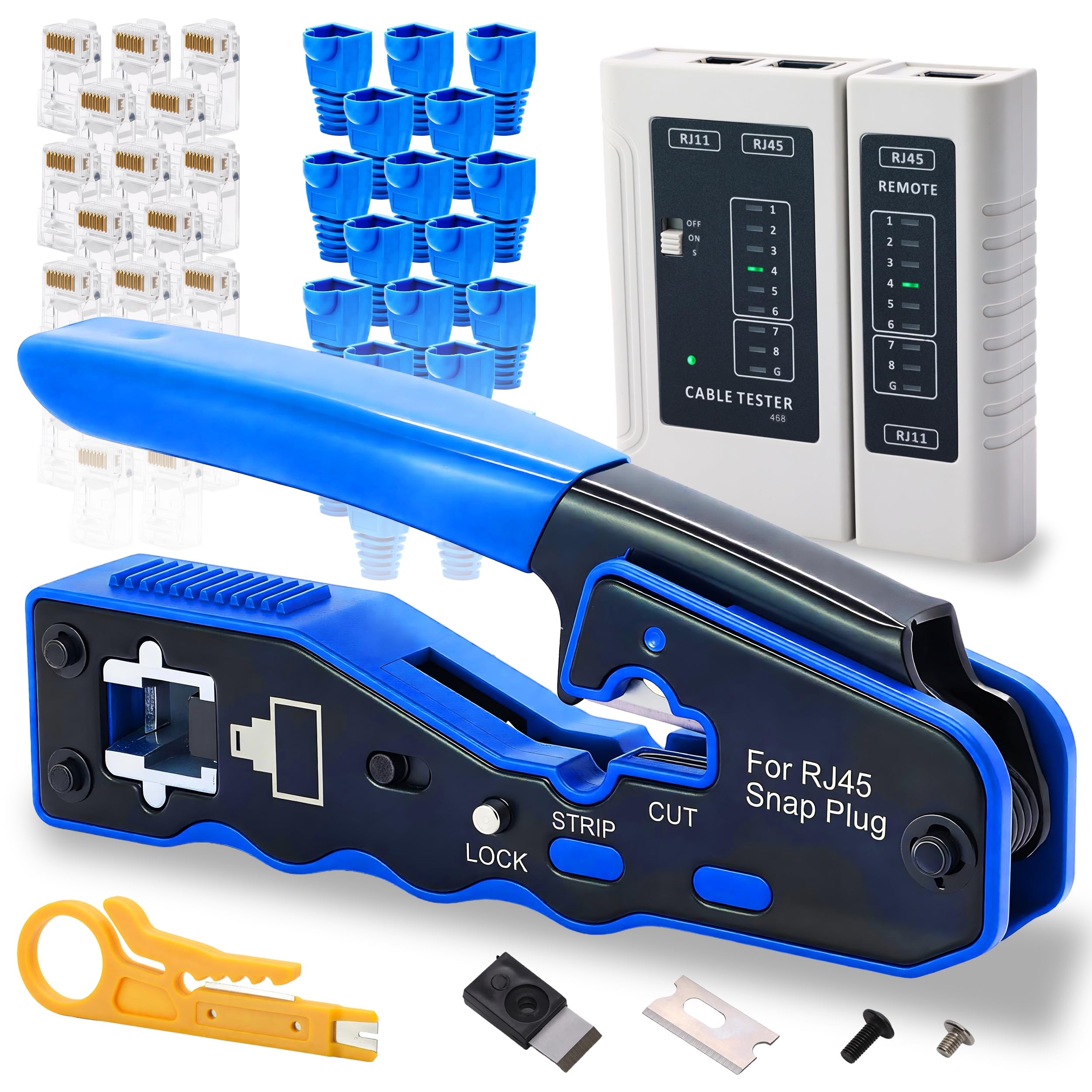 Kit d'outils à sertir RJ45 pour connecteurs modulaires Cat5e, Cat6, Cat6a, 8P8C, outil de sertissage Cat6, pince à dénuder et testeur de câble réseau (pile 9 V non incluse)
