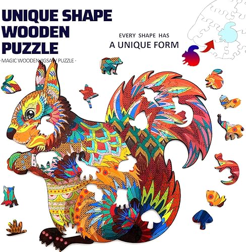 Miniatura 2 de Moruska Rompecabezas de madera únicos para adultos con forma de animal de ardilla, rompecabezas de madera mágicos e irregulares difíciles con piezas