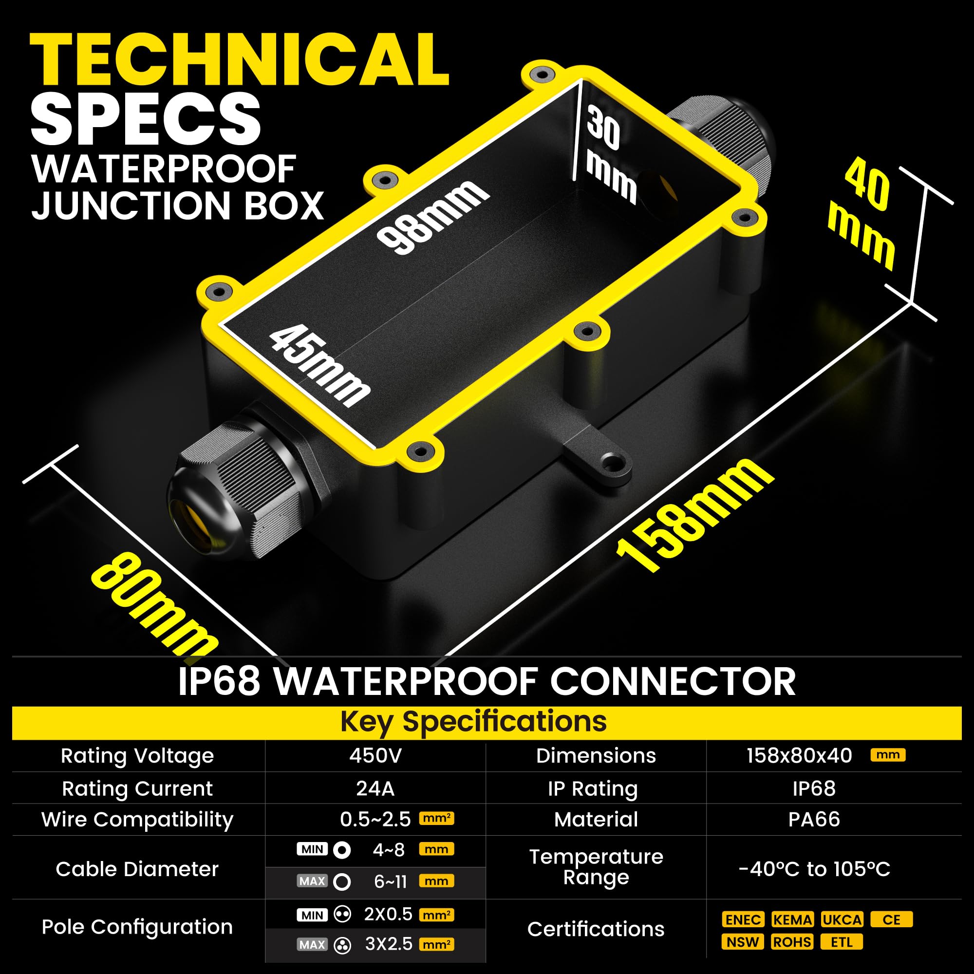 PEBA Cajas de Conexiones Impermeables IP68, Conector de cable estanco, Caja de conexiones de conector de cable Exterior de 2 vías, Apto para cables 4-11 mm caja empalmes exterior Negro