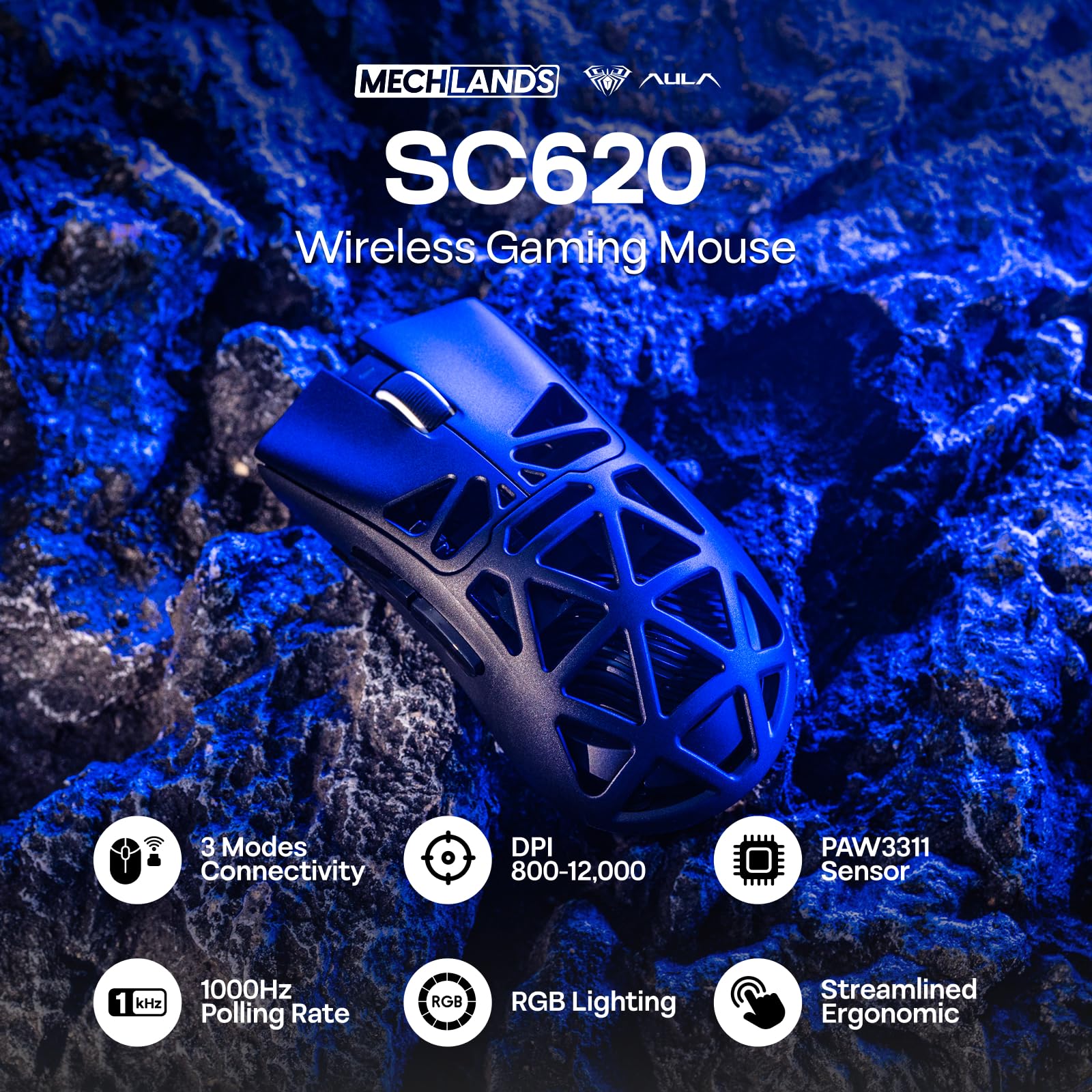 MechLands Aula SC620 Gaming Mouse, 2.4G/USB-C/BT Mouse Wireless con Batteria 400mAh, Regolabile 12.000 DPI & 1000 Polling Rate, Sensore PAW3311, Illuminazione RGB, Pulsanti Programmabili, per Win/Mac