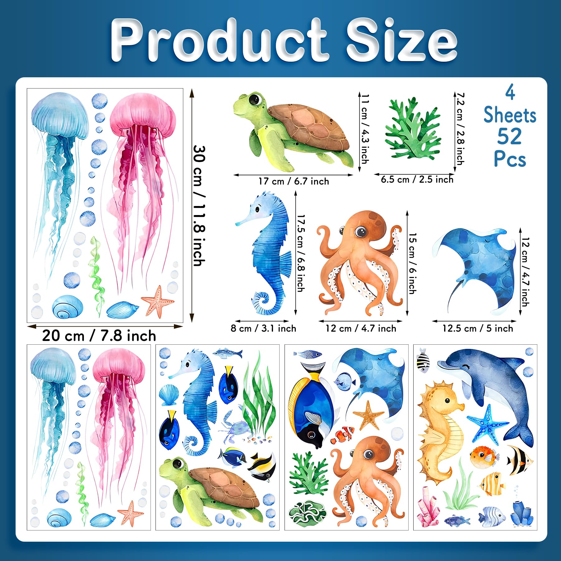Calcomanías de pared de animales marinos del océano, 4 hojas de calcomanías de pared bajo el mar, tortuga, medusas, calcomanías de criatura oceánica para decoración de dormitorio de niños, baño