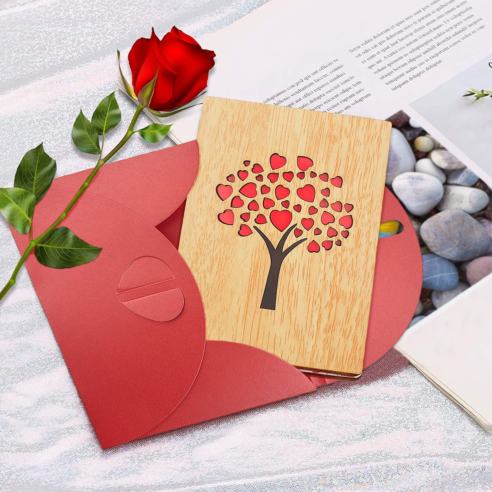 Biglietto D'amore In Legno Di Bambù Con Fiore Rosa E Busta A Cuore 3D - Fatto A Mano Per Compleanno, Anniversario, San Valentino, Festa Della Mamma