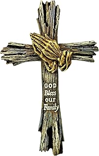 BestGiftEver Rustic Decorative Driftwood Wall Cross with Praying Hands - Faux Weathered Wood Rugged Jesus Spiritual Art Sculpture