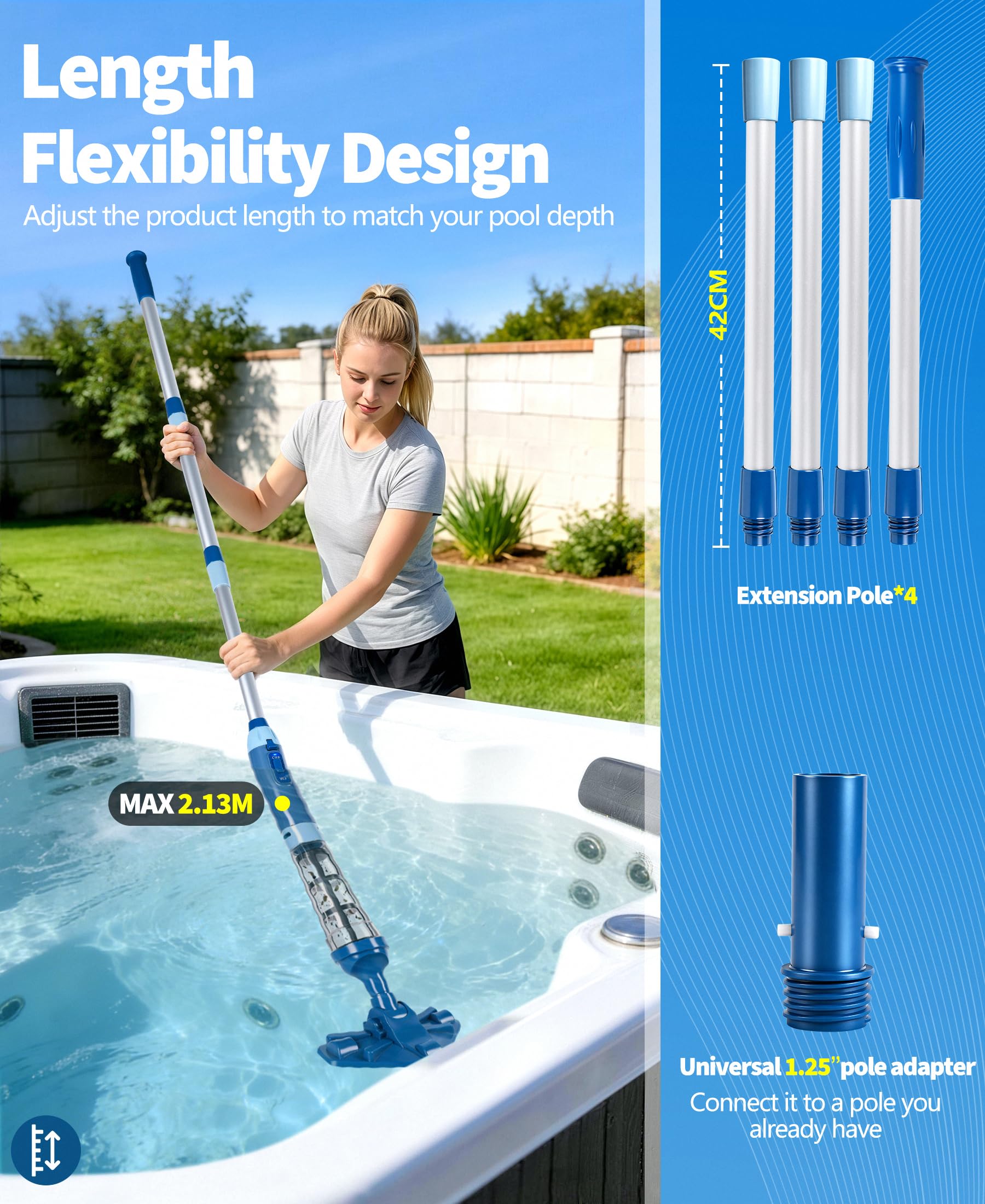 PoolLeader Aspirador Piscina Bateria, 60L/Min Aspiradora Piscina Sin Cable, Aspiradora Piscinas Manual con Sensor de Agua & 2 Cabezales Limpieza Extraíbles,Aspirador para Piscinas Hasta 90min Duración