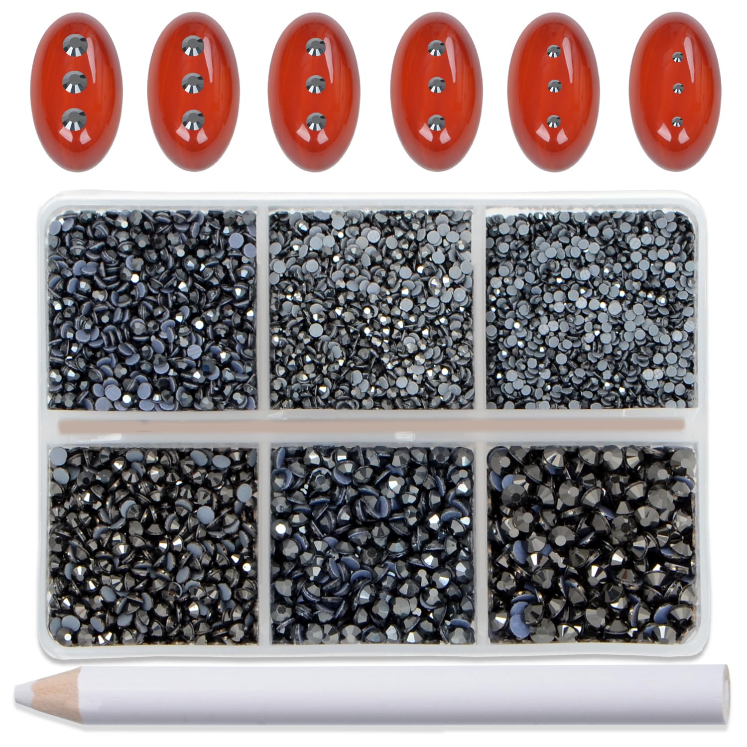 Bymitel Hotfix Crystal Rhinestones Round Gems for Crafts,Mixed 6 Sizes with Wax Pencil Kit, Jet Hematite 1.3-3.2mm(SS3-SS12/8000pcs)