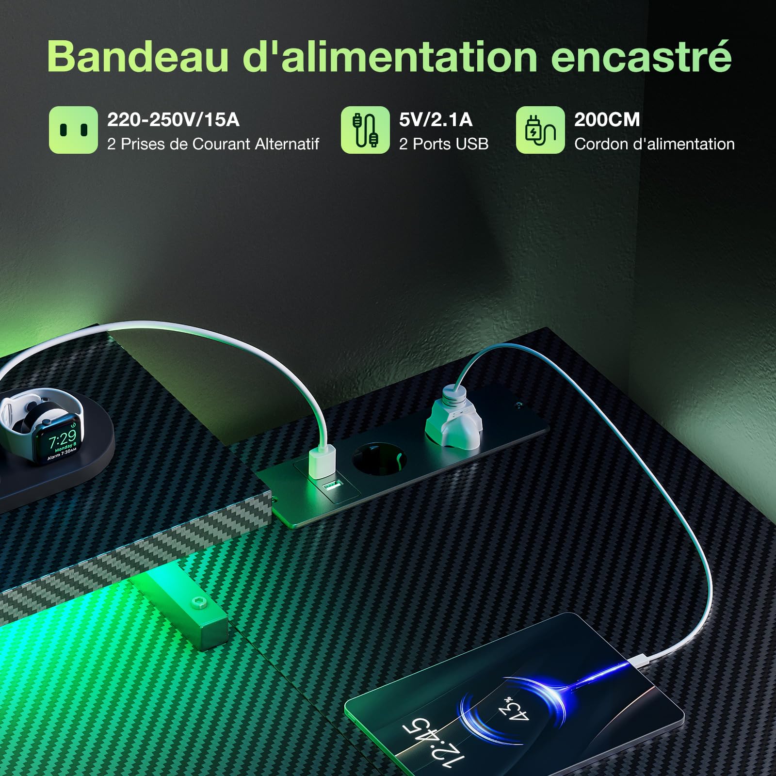 Coleshome Bureau d'angle avec Lumières LED, 120x80cm Bureau Gaming Angle avec Port de Charge USB et Prise de Courant, Bureau Gamer en L pour Domicile, Carbone Noir