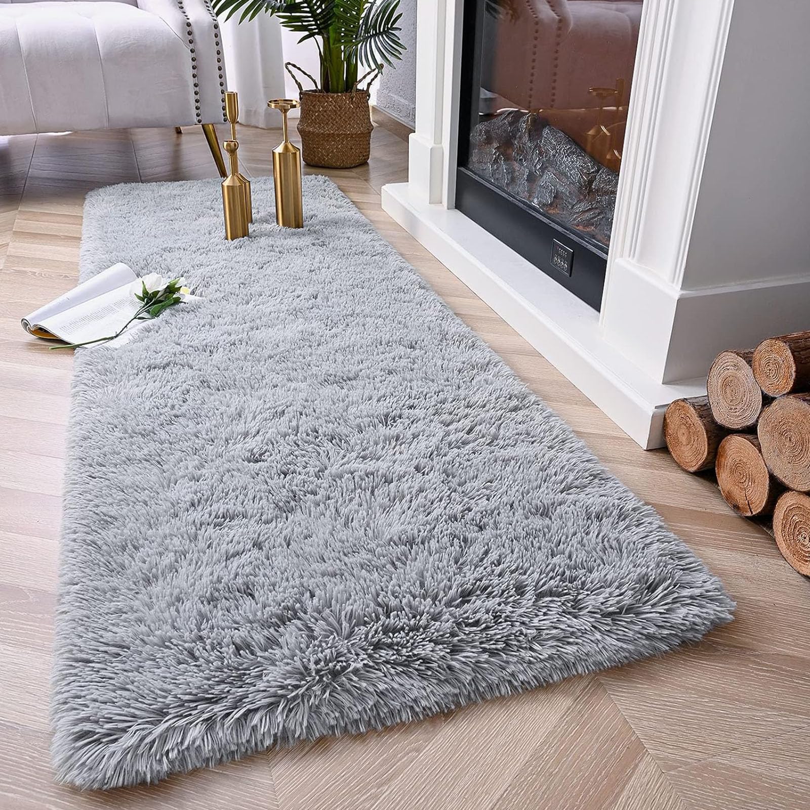 Hochflor Flauschig Teppich 80 x 190 cm Langflor Weich Soft Modernes Einfarbiges Design Lange Plüsch Weicher Teppiche für Schlafzimmer Küche Geeignet, Grau