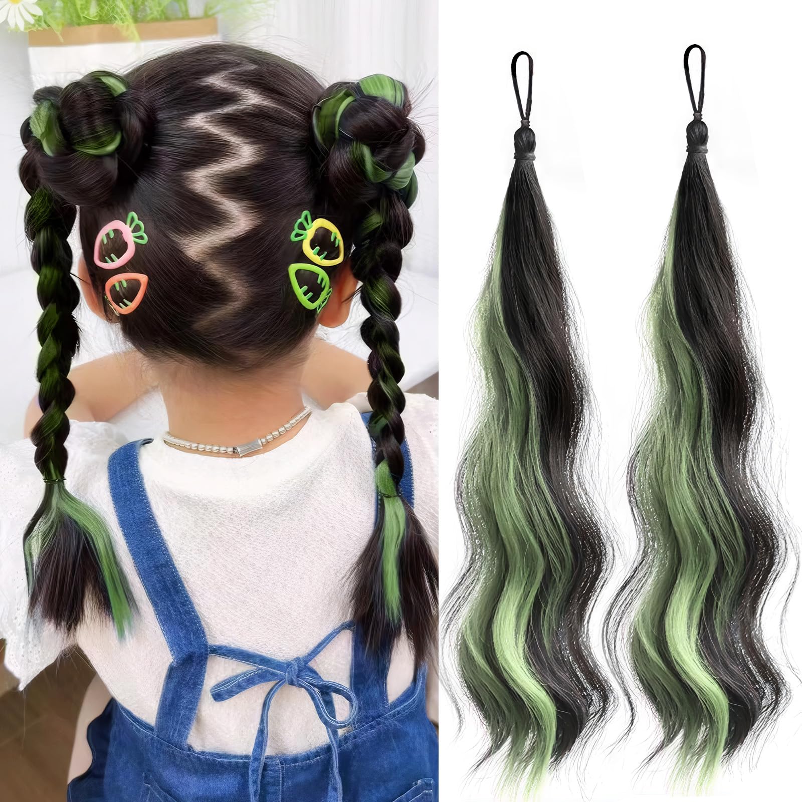 Sucodver エクステ 子供 ダンス ヘアエクステ キッズ カール ゴム 2本セット グリーン 付け毛 巻き髪 カラー ロング （緑）