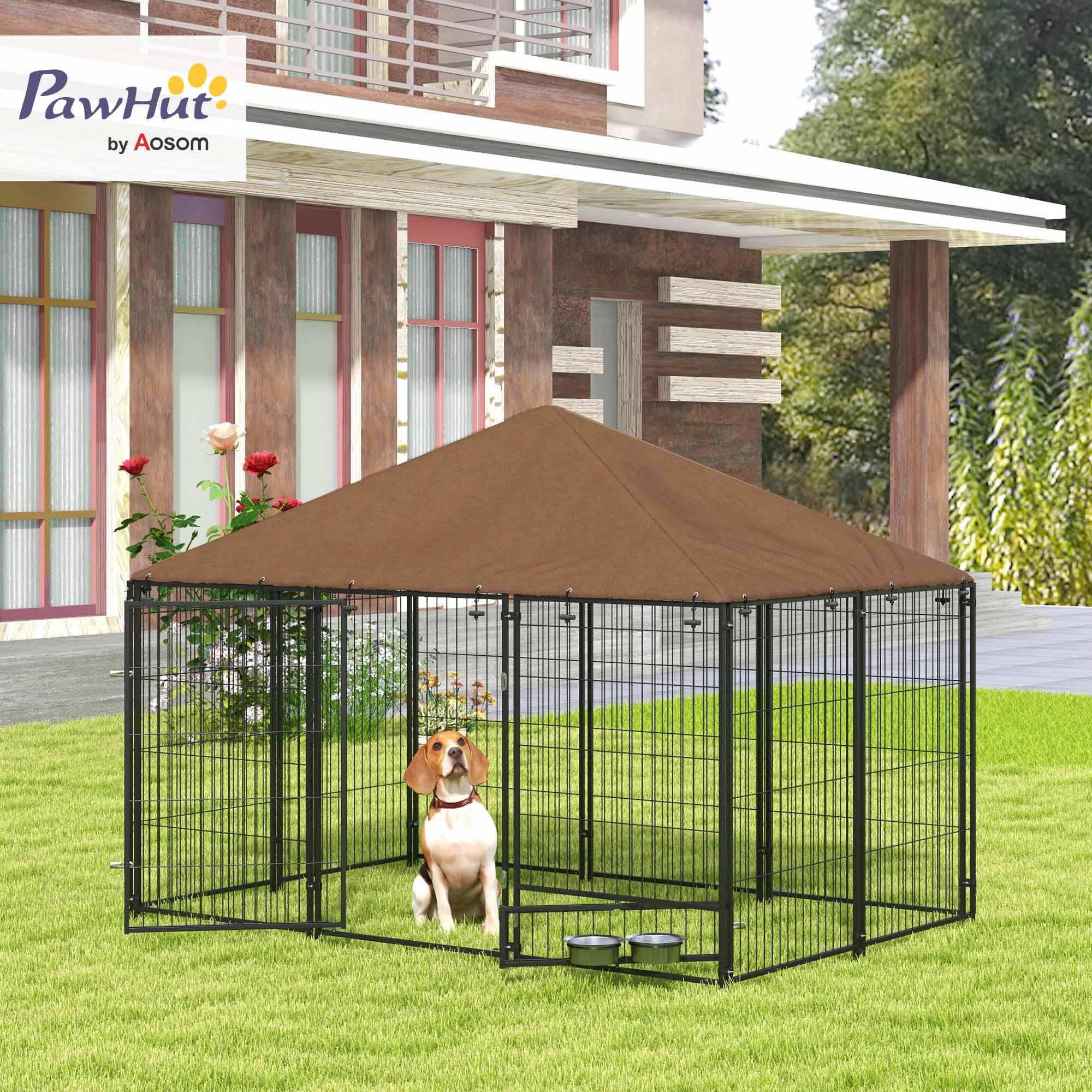 PawHut Perrera con Toldo Parque para Perros Metálica de Exterior con Soporte Giratorio para Comida 2 Cuencos para Patio Jardín Terraza 211x141x151 cm Negro