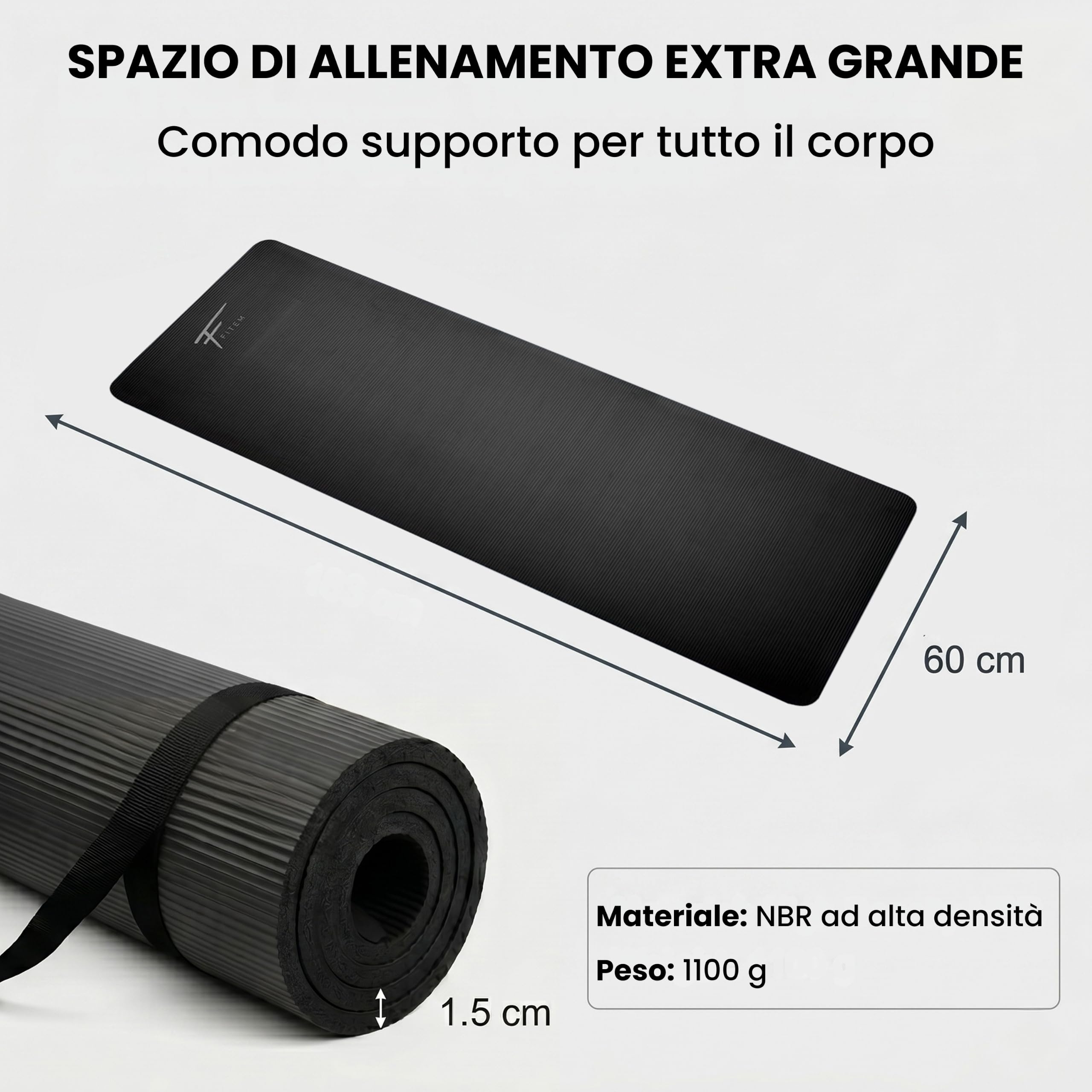 Tappetino Fitem Ultra-spesso in Comoda Schiuma ad Alta Densità NBR-183x60x1,5 cm o 1 cm-ideale per Ginnastica-Yoga-Sport-Palestra-Fitness-Pilates-Body building-Include Cinghia di Trasporto