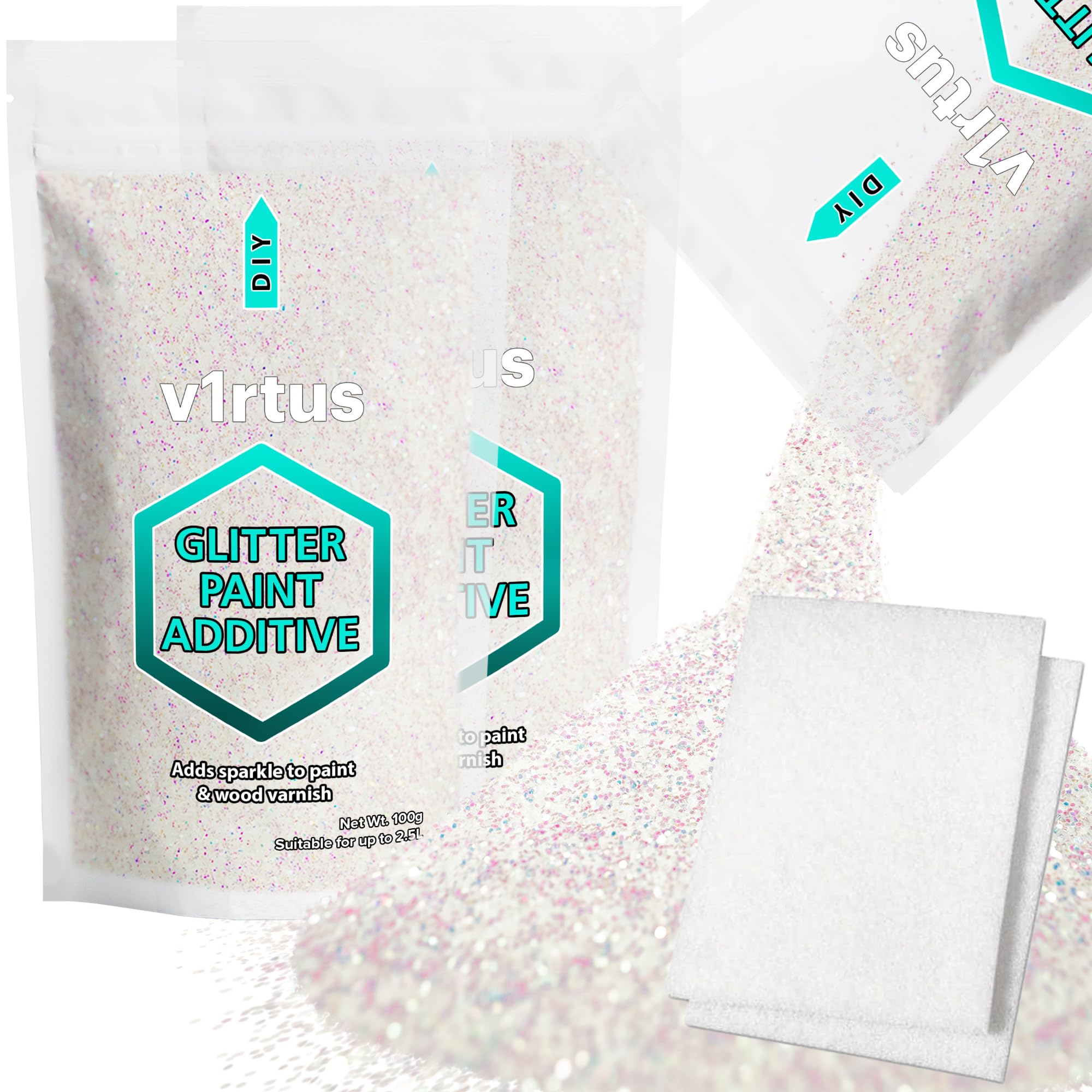 Mother of Pearl Iridescent Glitter Paint Additive 200g with 2X Buffing Pads | Additive for Glitter Paint Walls, Add to Interior & Exterior Paint, Emulsion, Varnish | v1rtus