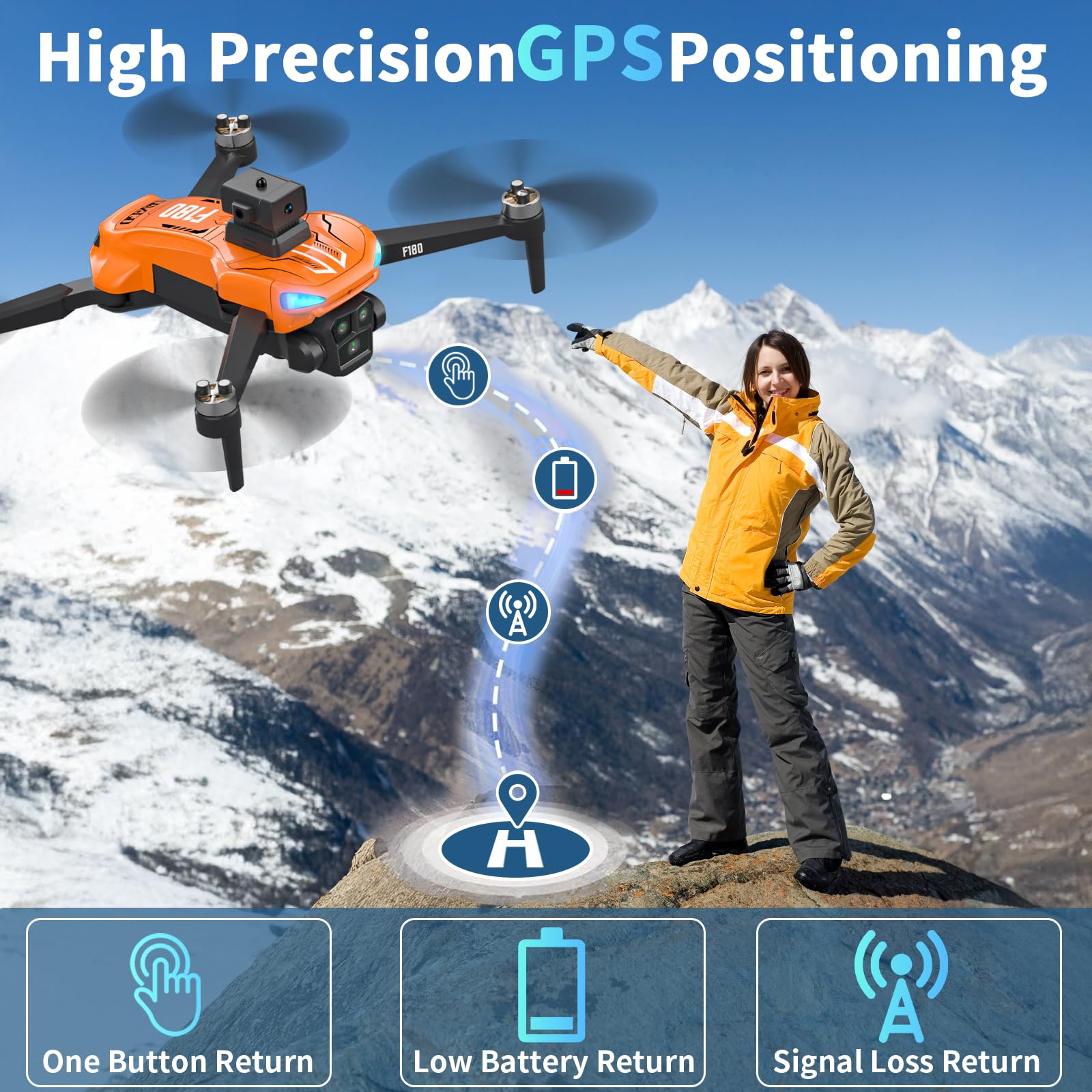 F180 GPS Drone con Camera 4K, Motore Brushless, Evitamento Ostacoli Automatico, Decollo/Atterraggio 1 Tasto, Volo Traiettoria, Posizionamento Ottico, per Adulti, Bambini e Principianti