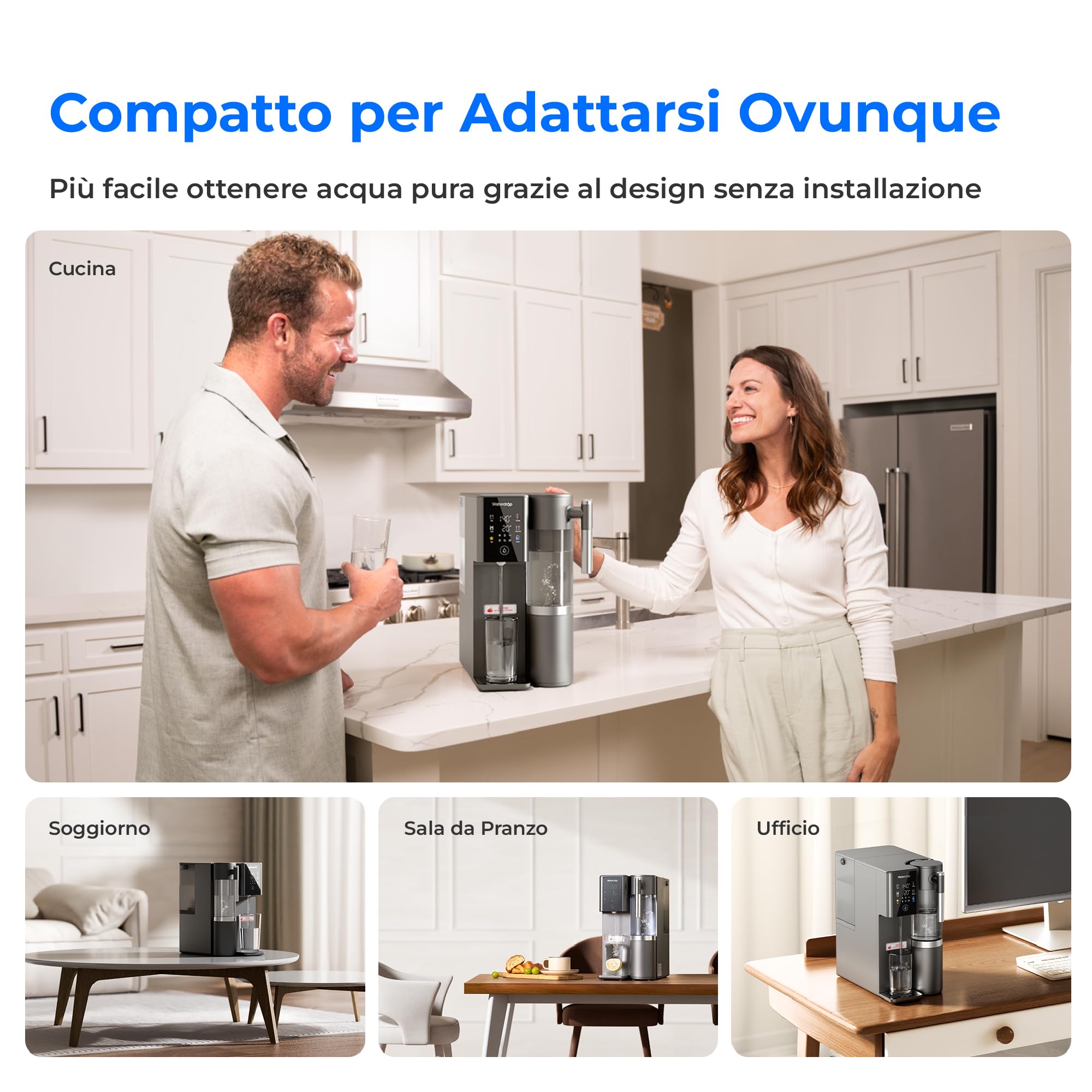 Waterdrop WD-A2 Sistema a Osmosi Inversa, Sistema di Acqua Calda e Fredda, Serbatoio d'Acqua Pura Portatile, Raffreddatore d'Acqua Senza Bottiglia, 6 Impostazioni di Temperatura, 3:1 Puro a Scarico