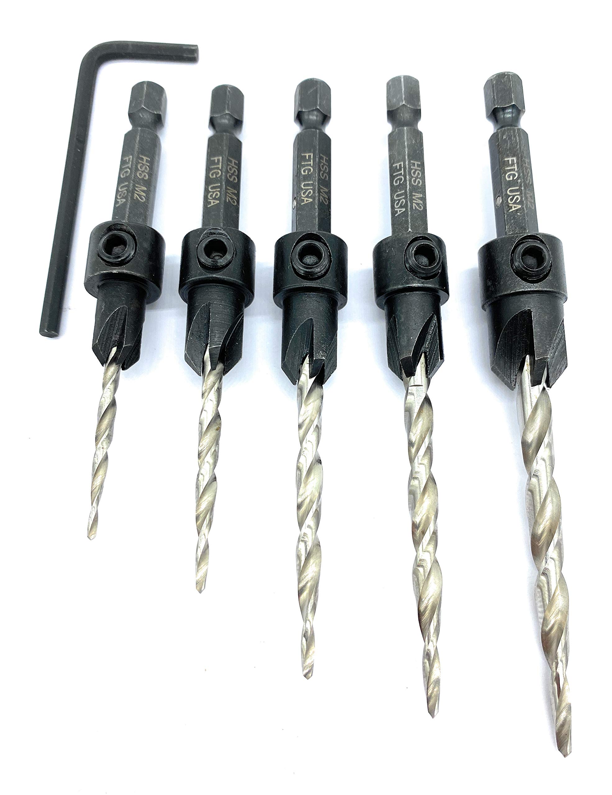 FTG USA Wood Countersink Drill Bit Set 5 PC Countersink Drill Bit #4, 6, 8, 10, 12, Tapered Drill Bits with 1/4\