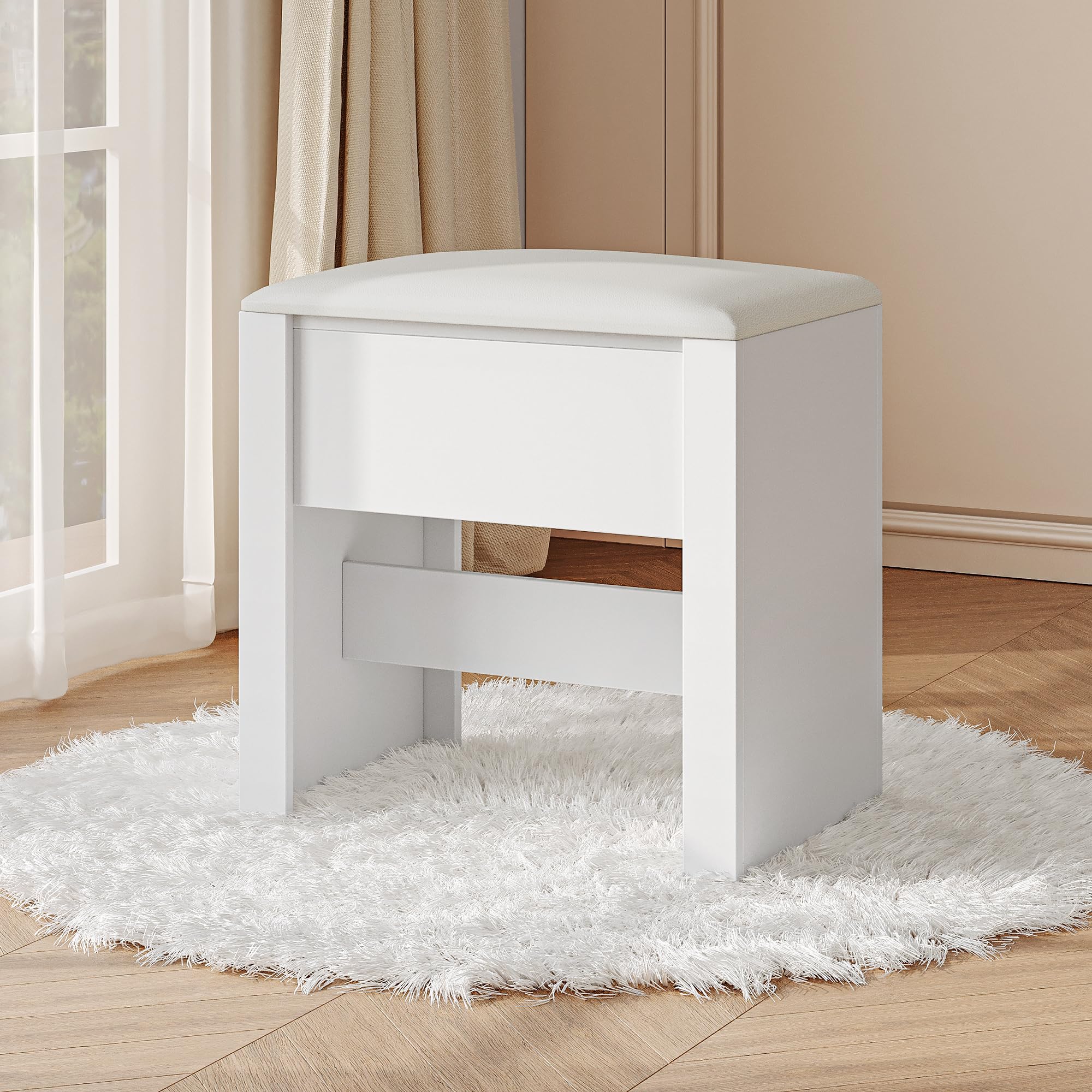 HEXCELEN Taburete de Tocador, Taburete de Maquillaje Tapizado, con Almohadilla Antideslizante, para Vestidor, Dormitorio, Entrada, Blanco, 30 × 40 × 44 cm