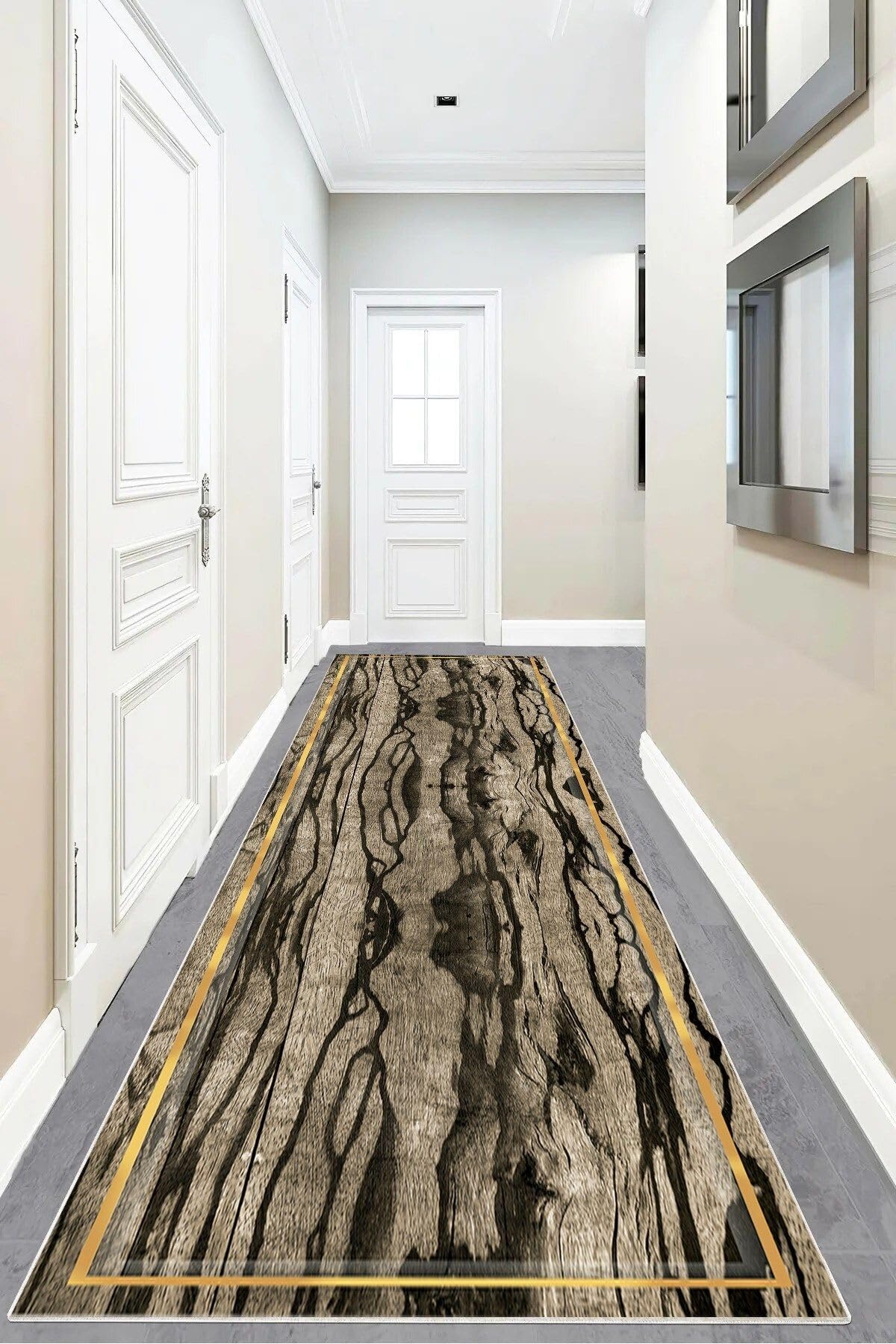Pelangi Ağaç Gövdesi Mermer Desenli Dijital Baskı Yıkanabilir Kaymaz Taban Salon Halı ve Yolluk, Gold-Kahve 100 x 400, 95548961004007