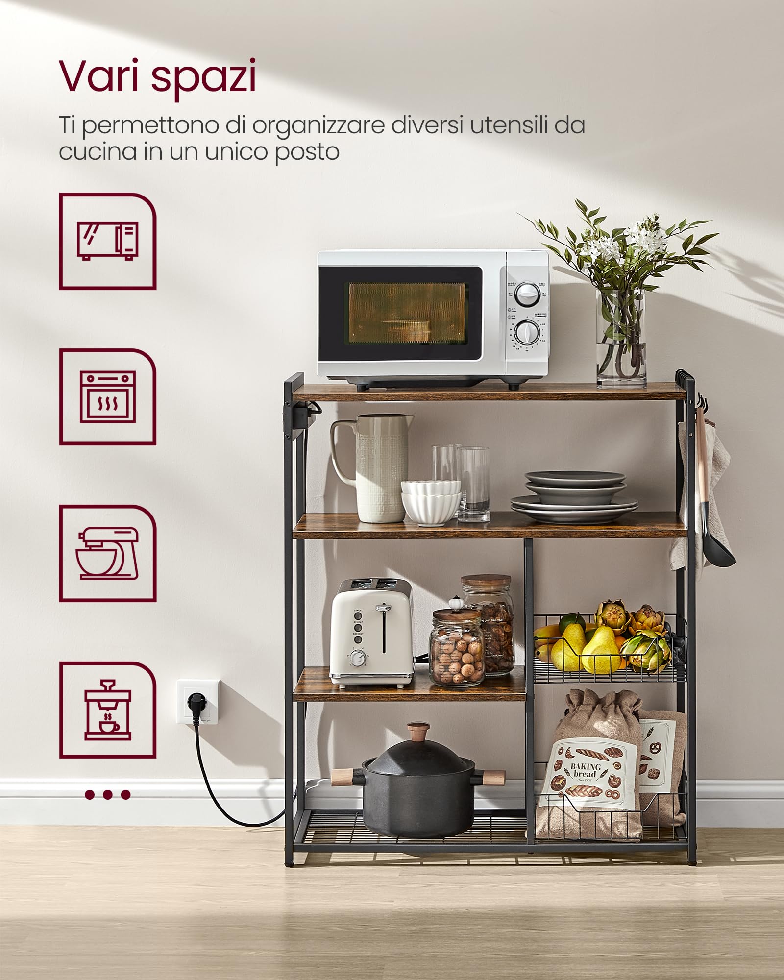 VASAGLE Scaffale per Microonde con 2 Cesti, Scaffale da Cucina con Bordi, Ripiani e Ganci, 80 x 35 x 93.5 cm, Stile Modern basic, Marrone Vintage e Nero Opaco KKS196K01