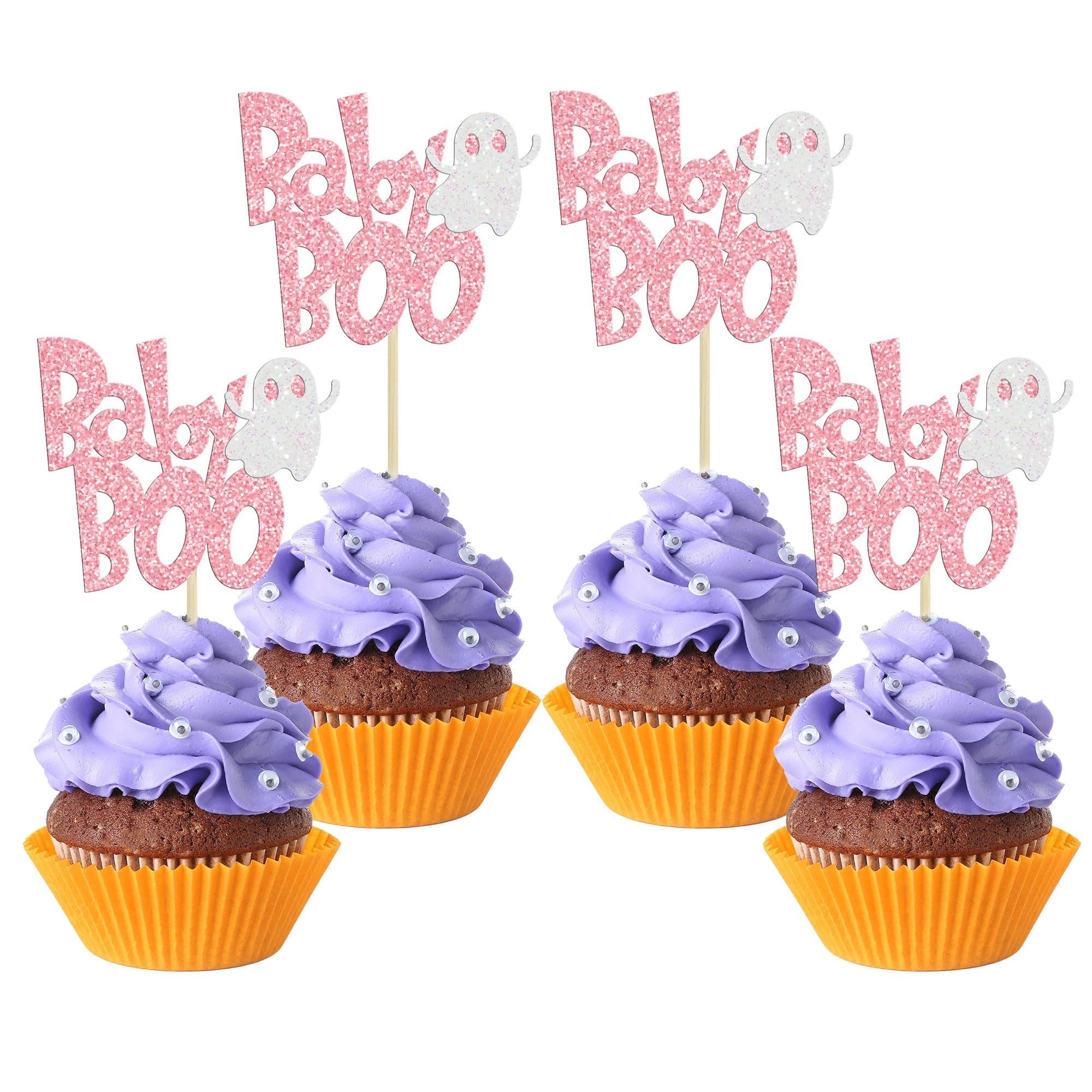 24Pcs Halloween Baby Boo Cupcake Toppers Pink Glitter Spooky Little Boo Ghost Cupcake Picks for Halloween Theme Baby Shower Kids Boys Girls Birthday Party Cake Decorations Supplies