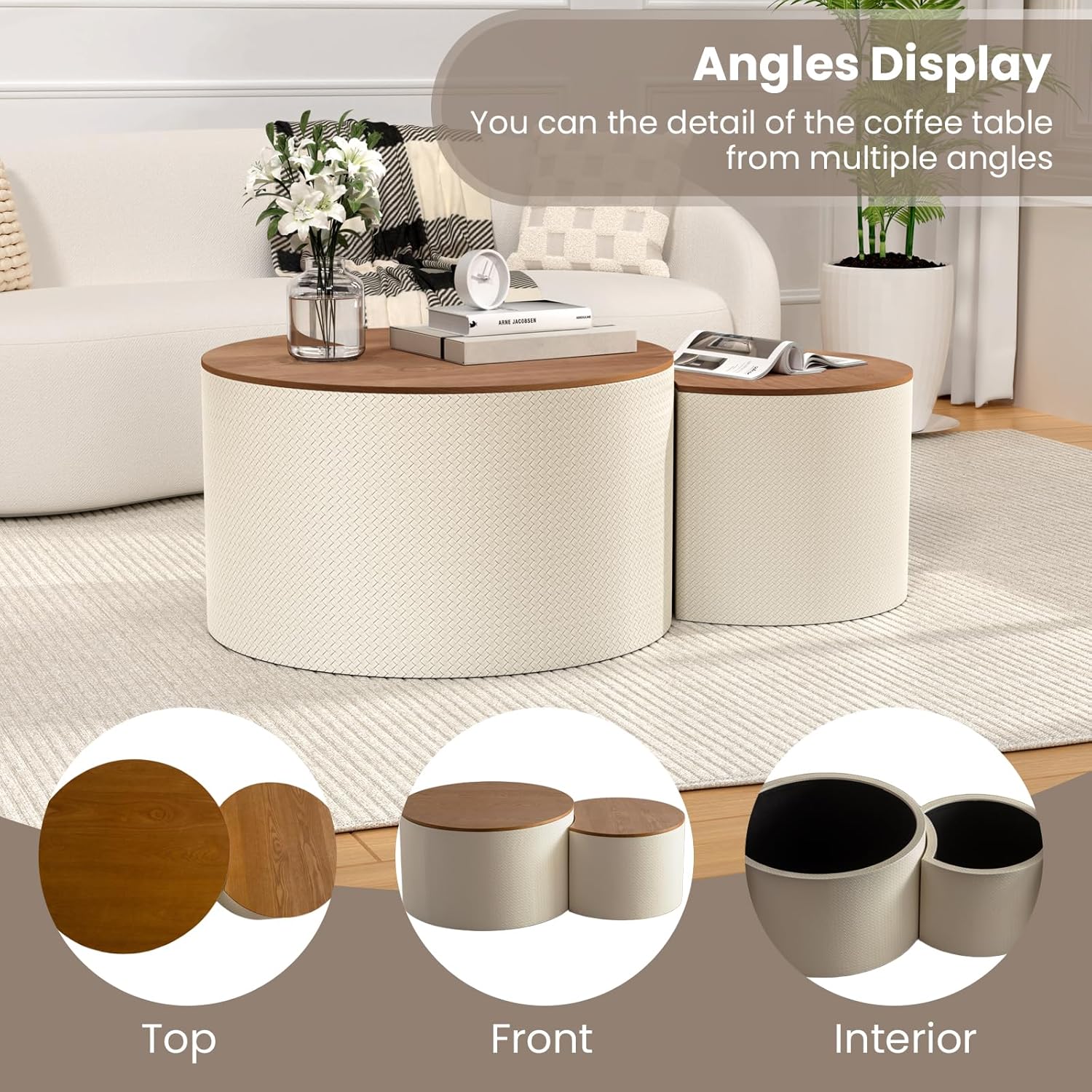 WXFKLDJ Nesting Coffee Table Set of 2 with Storage, Round Faux Leather Coffee Table, Ottoman Style with Cover, Small Coffee Tables, Sofa Side Living Room Bedroom Coffee Side Table (White)