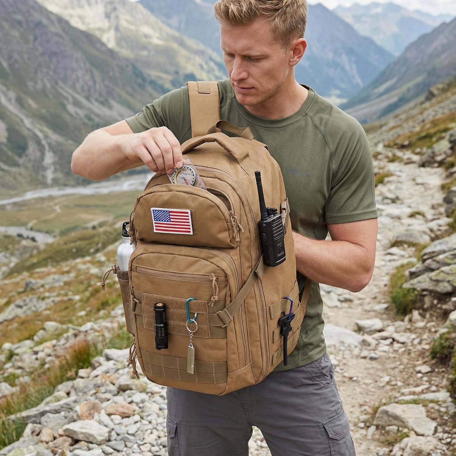 Tactical Hiking Backpack with 180° Open Design, Molle Webbing, Padded Laptop Compartment, Lightweight for Outdoor Adventures (tan) - Image 8