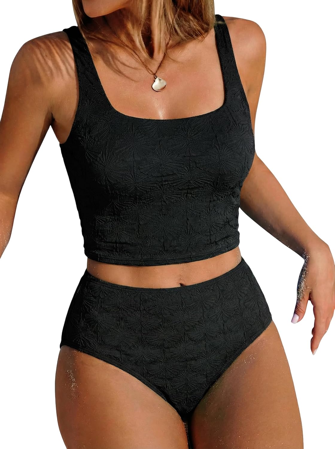 ZAFUL Womens Tankini Swimsuits Two Piece Tummy Control Bathing Suits Textured Tankini Swim Top with High Waisted Bottom