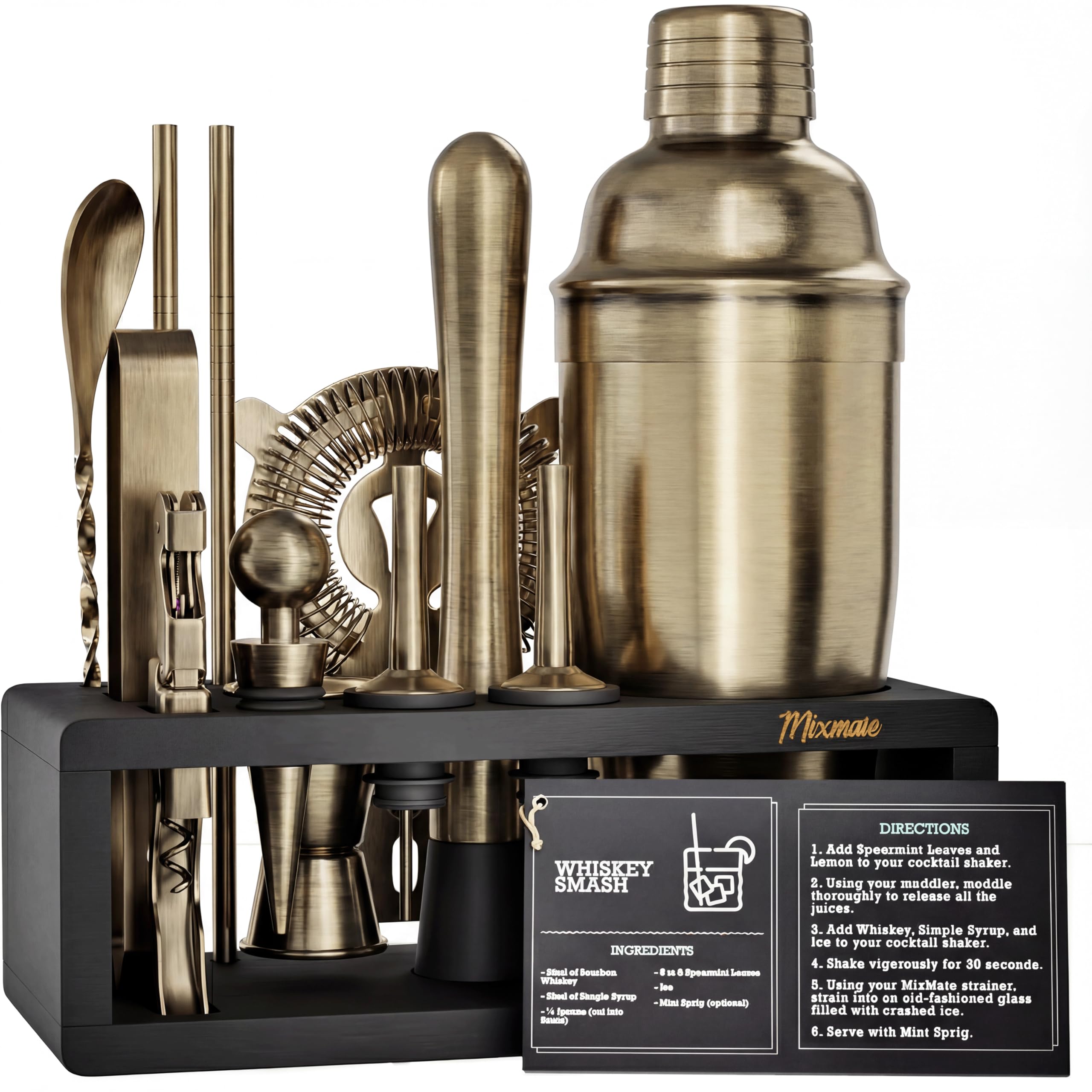 Brushed Brass Mixology Kit - 15 Piece Bar Tool Set, Silver Bar Set Cocktail Shaker Set for Drink Mixing - Includes Martini Shaker, Jigger, Strainer, Bar Mixer Spoon, Tongs, Opener | Gift Idea