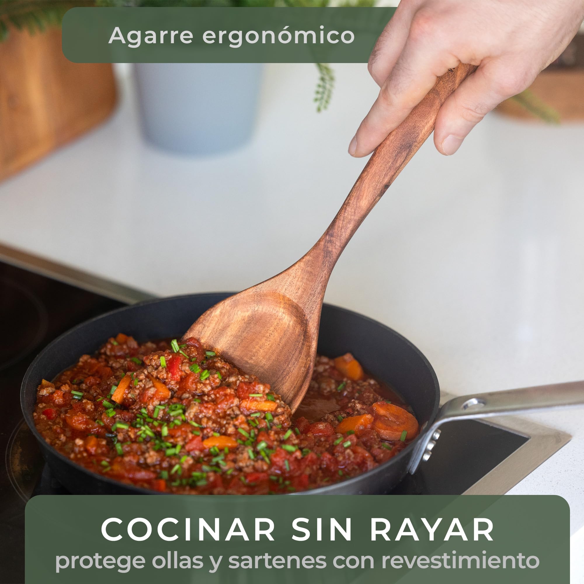 WALDWERK Utensilios de cocina madera teca – Set de 4 cucharas con espátula, cuchara de madera, cucharón para pasta y soporte – Accesorios cocina de madera – Utensilios cocina