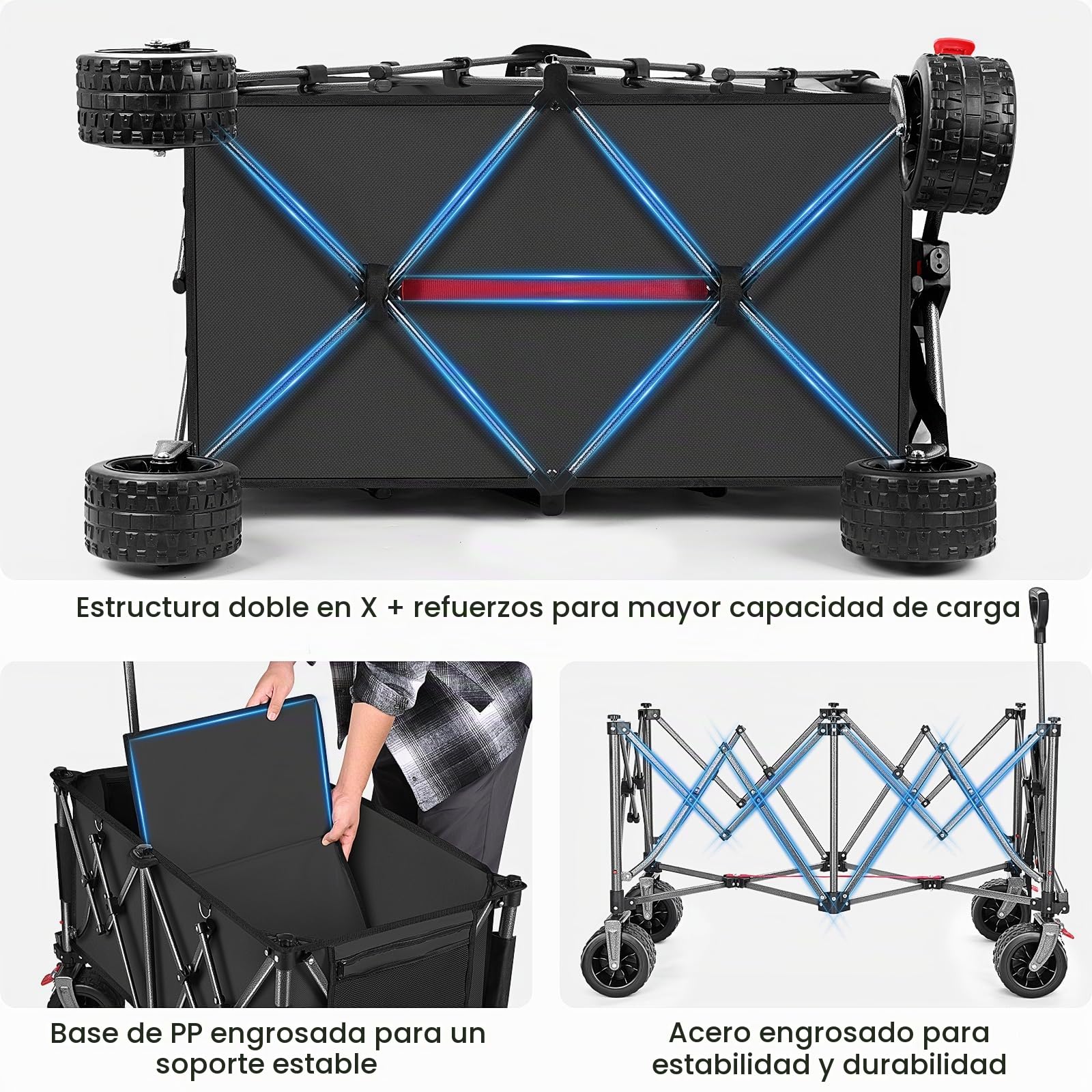 YEAUPE PRO XXXL Carro Playa Ruedas Grandes 200kg/260L – Frenos Dobles, Ruedas Anchas, Estructura Reforzada, Mango Ajustable, para Playa y Camping – Red elástica incluida, Negro Carbón