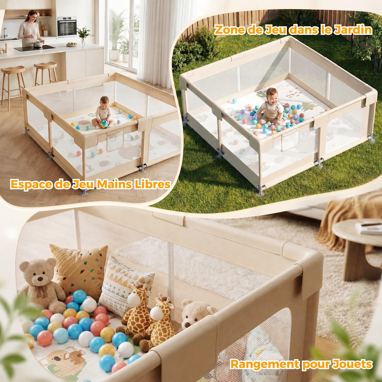Beige Parc Bebe avec Tapis - 150x150cm Parc Enfant Sécurisé | Aire de jeu carrée tissu Oxford, Filet respirant 360°, Structure stable, Ventouses puissantes, 4 anneaux