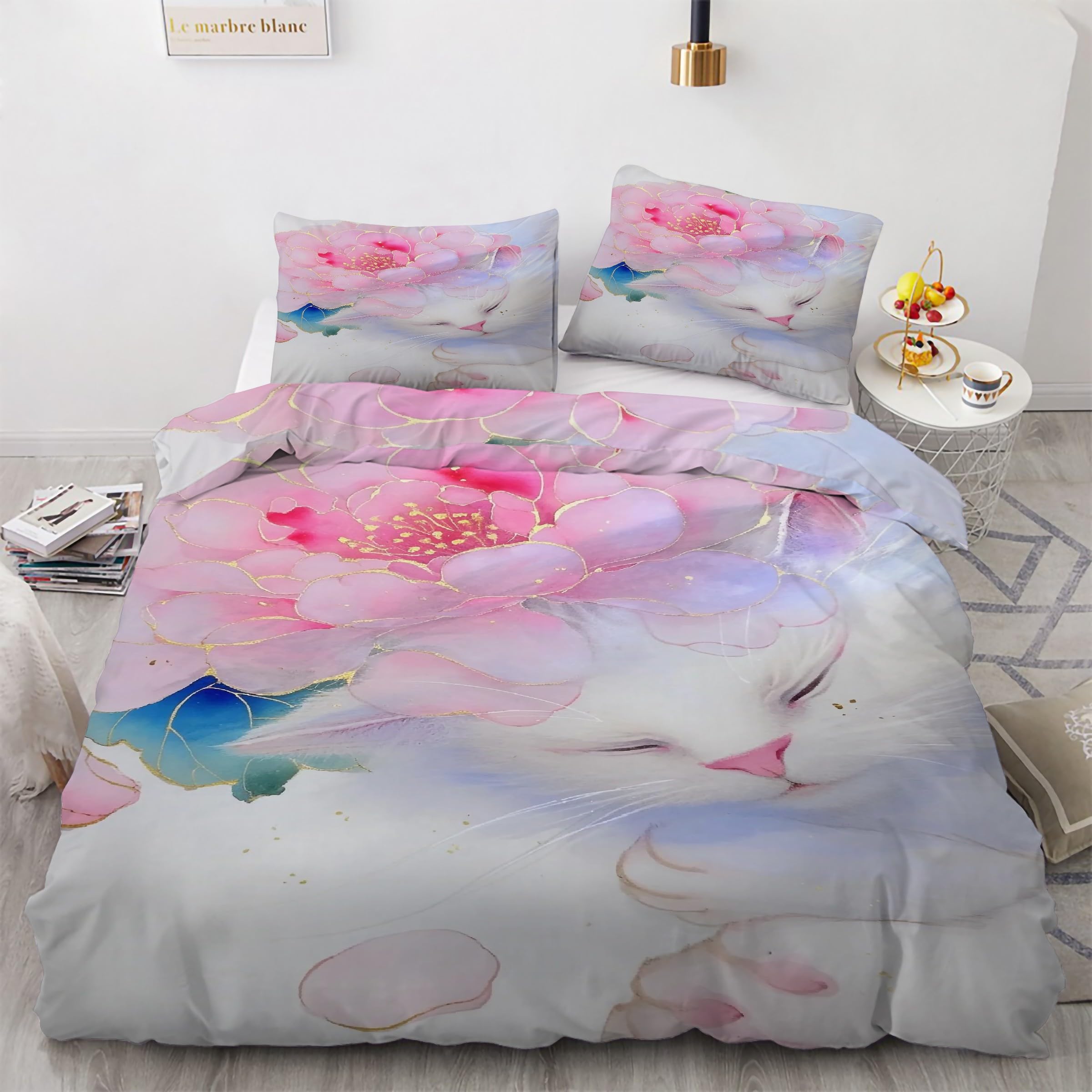 Ensemble de literie 3 pièces chat rose 90x190 cm housse couette microfibre