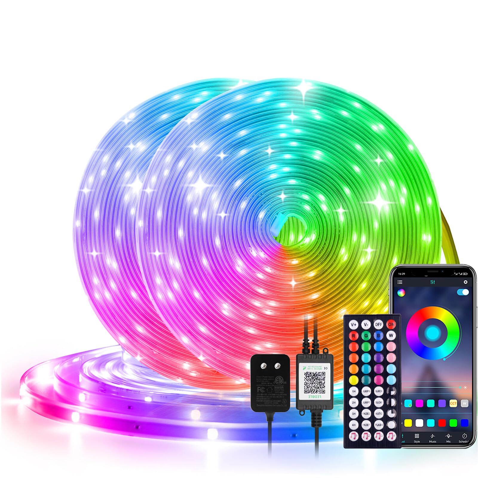 Bluetooth Bunte Streifen 60M, 24V SMD3535 15LEDs/M Selbstklebendes Band IP67 Wasserdichtes Dimmbar Farbwechsel RGB Lichtband, Musik Sync Timer-Einstellung LED Lichterkette für Weihnachten Deko